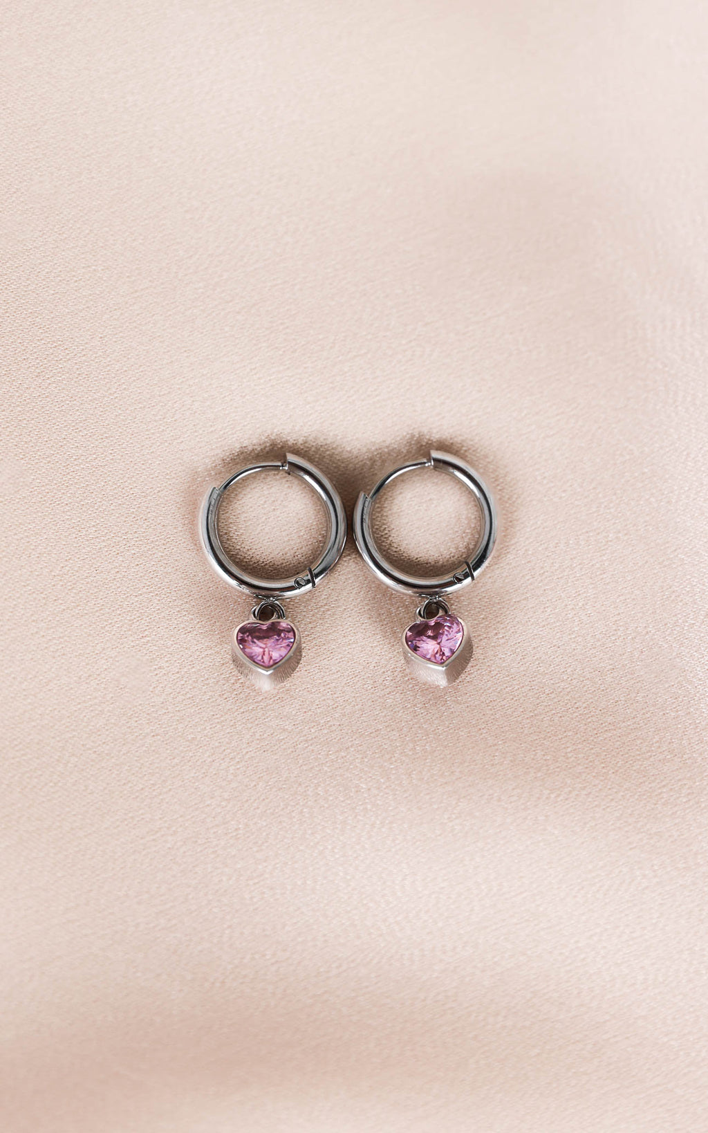 Odin Dainty Hoop Charm Earrings - Silver Pink Heart Diamante