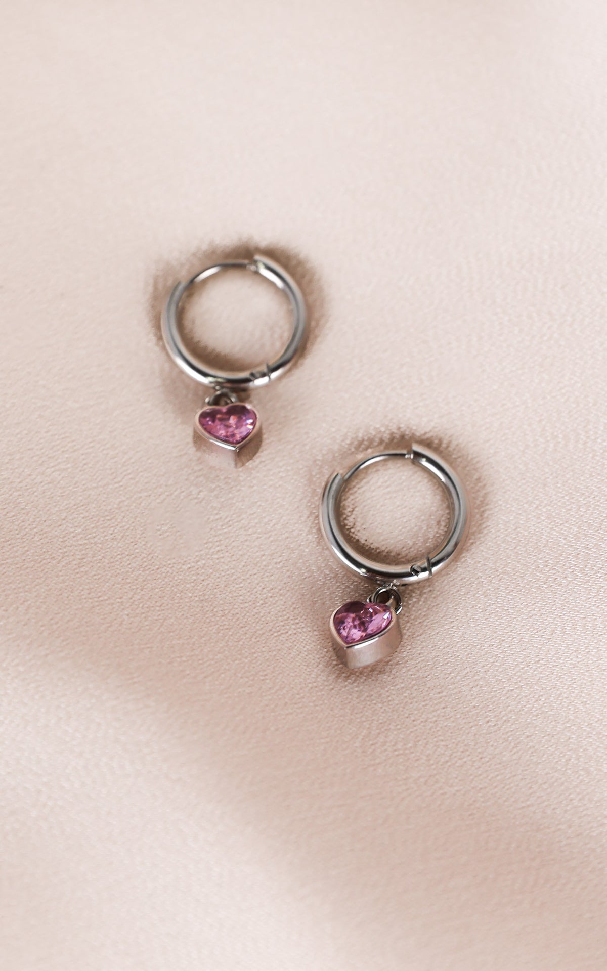 Odin Dainty Hoop Charm Earrings - Silver Pink Heart Diamante