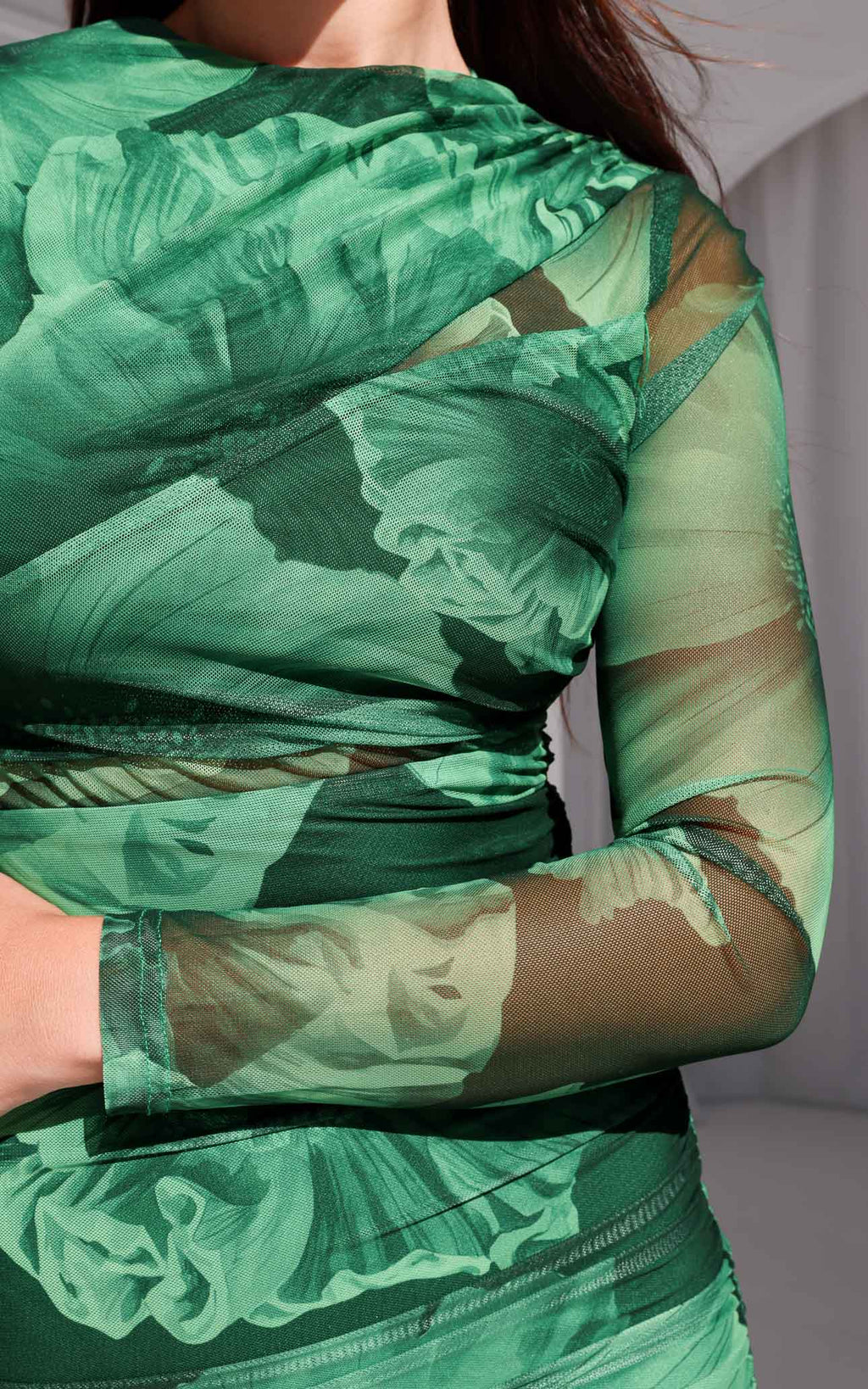 Olida Long Sleeve Mesh Maxi Dress - Green Floral