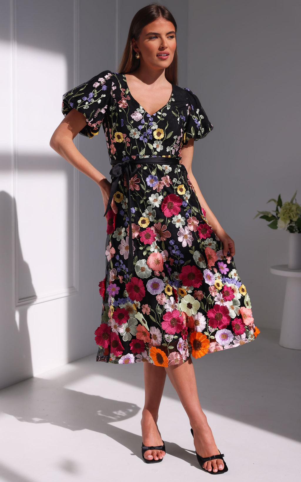 Peony Midi Dress - Black Multi Floral