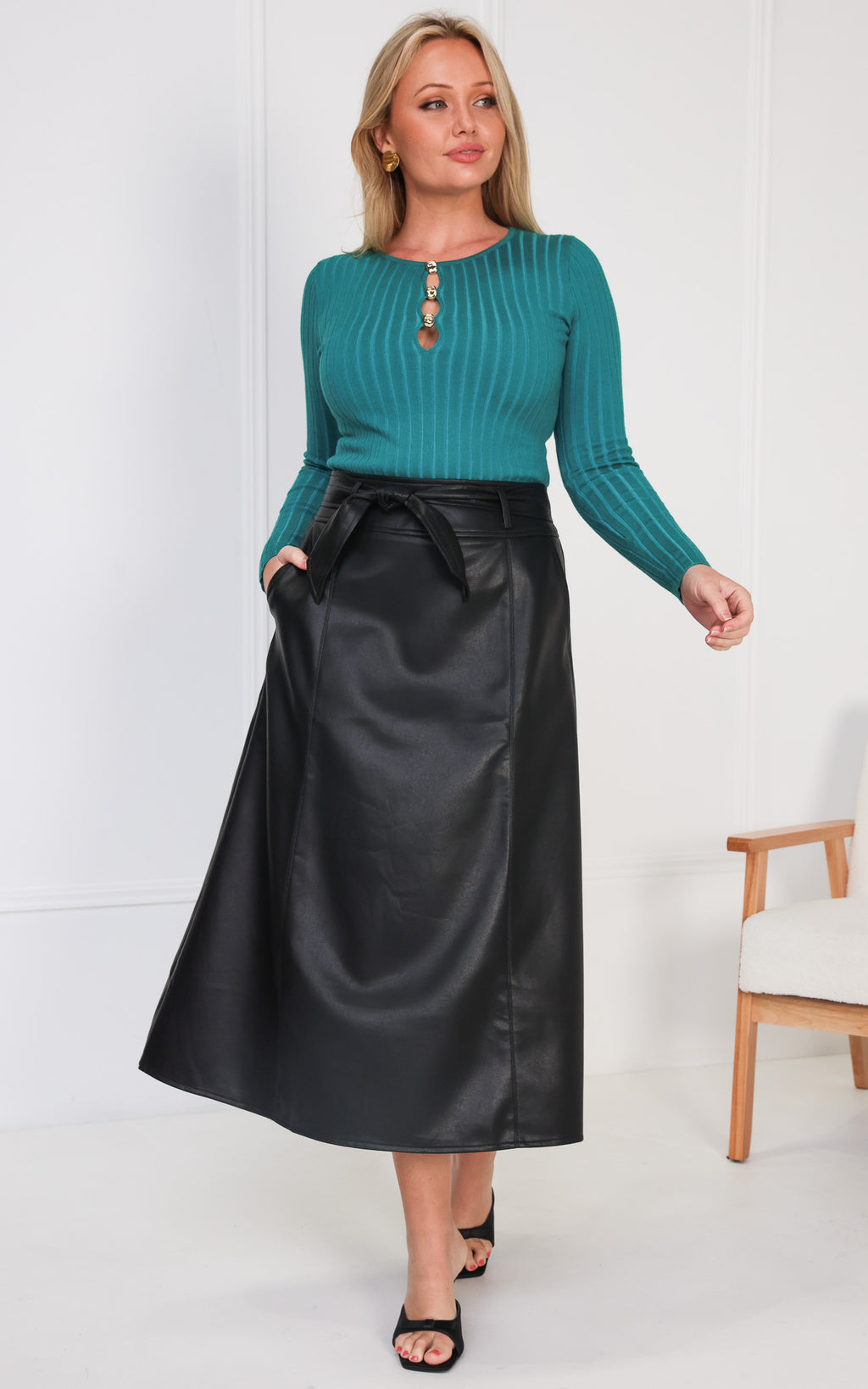Percy Faux Leather Midi Skirt - Black