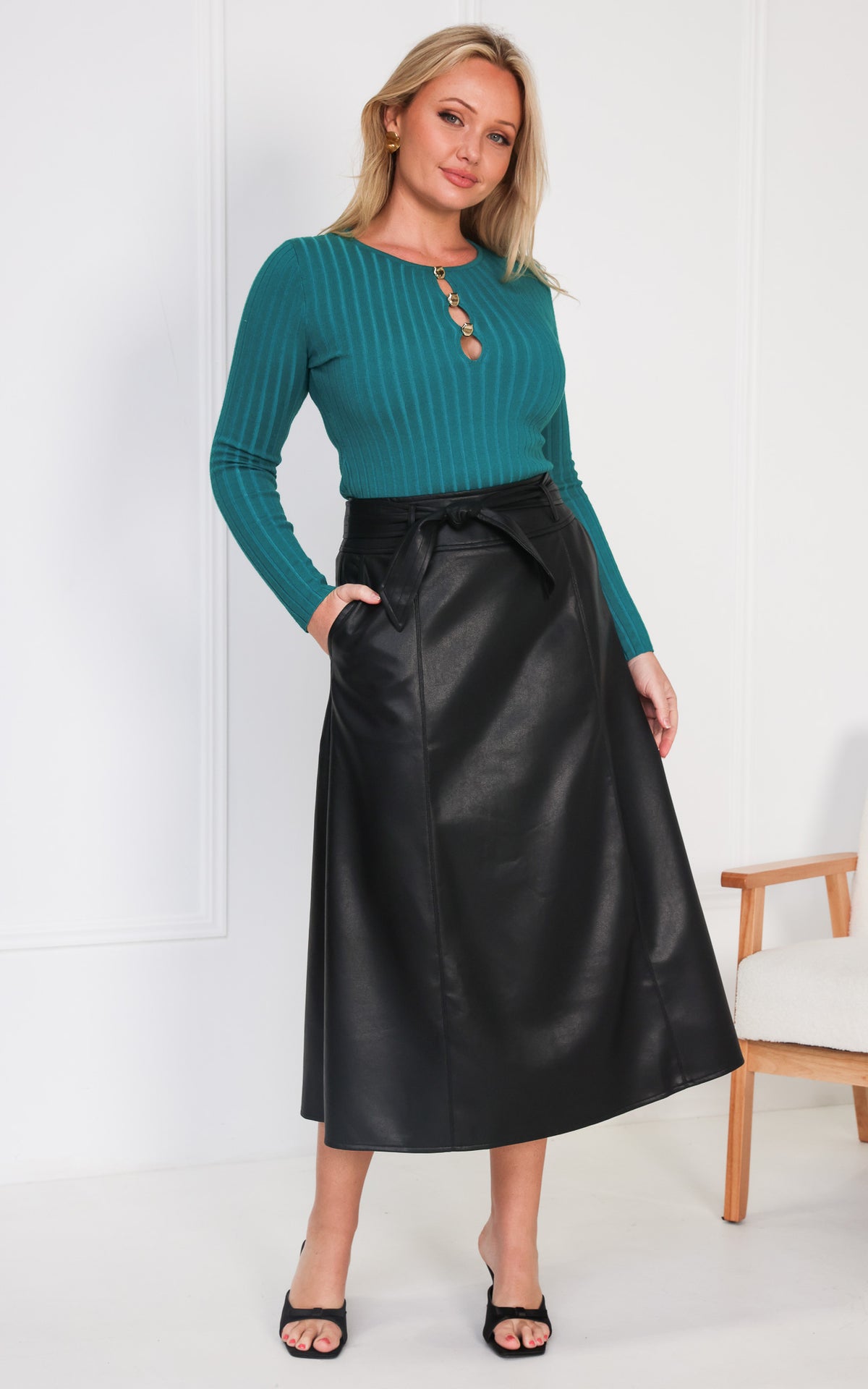 Percy Faux Leather Midi Skirt - Black