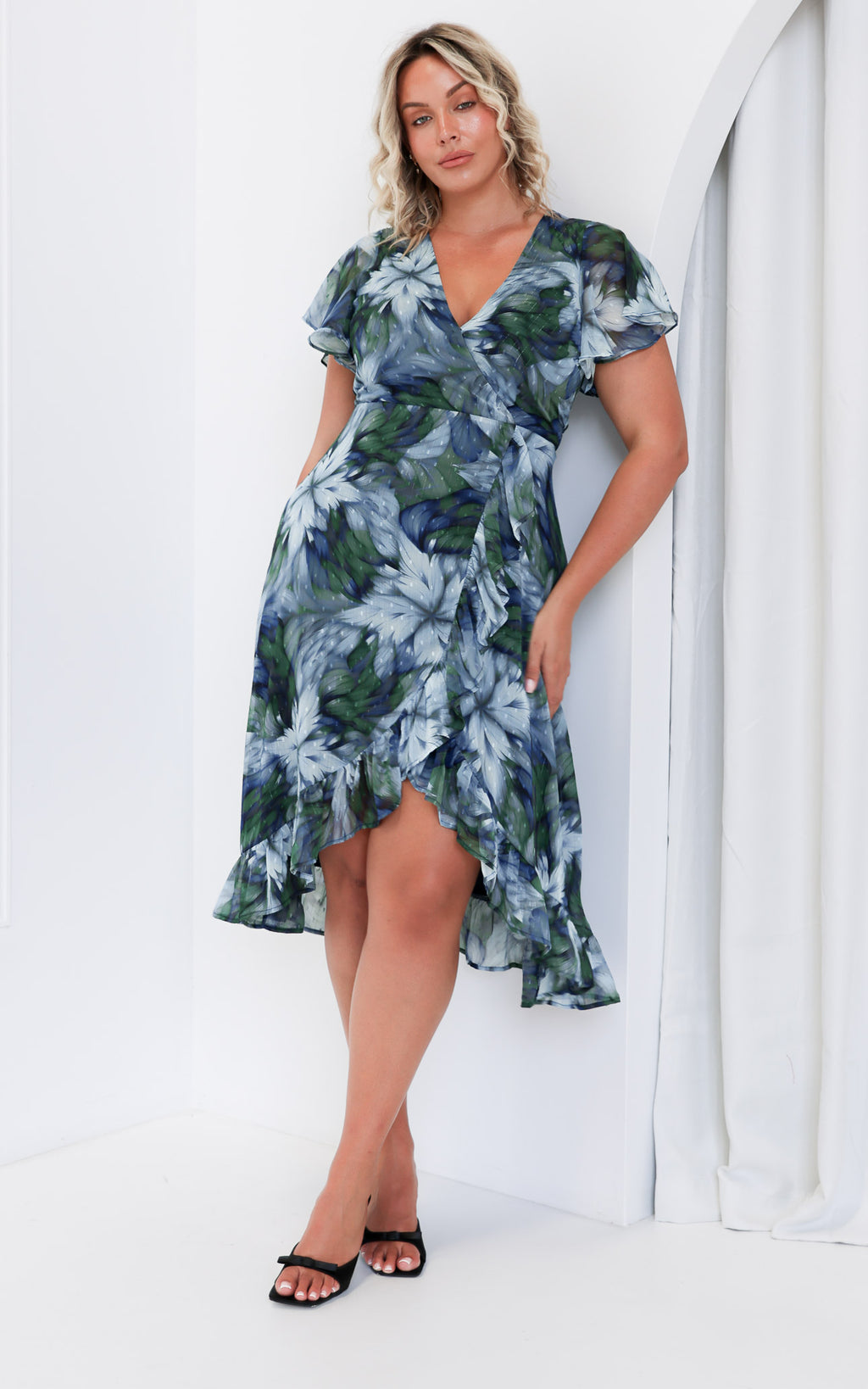 Portland Midi Dress - Blue Green Floral Texture