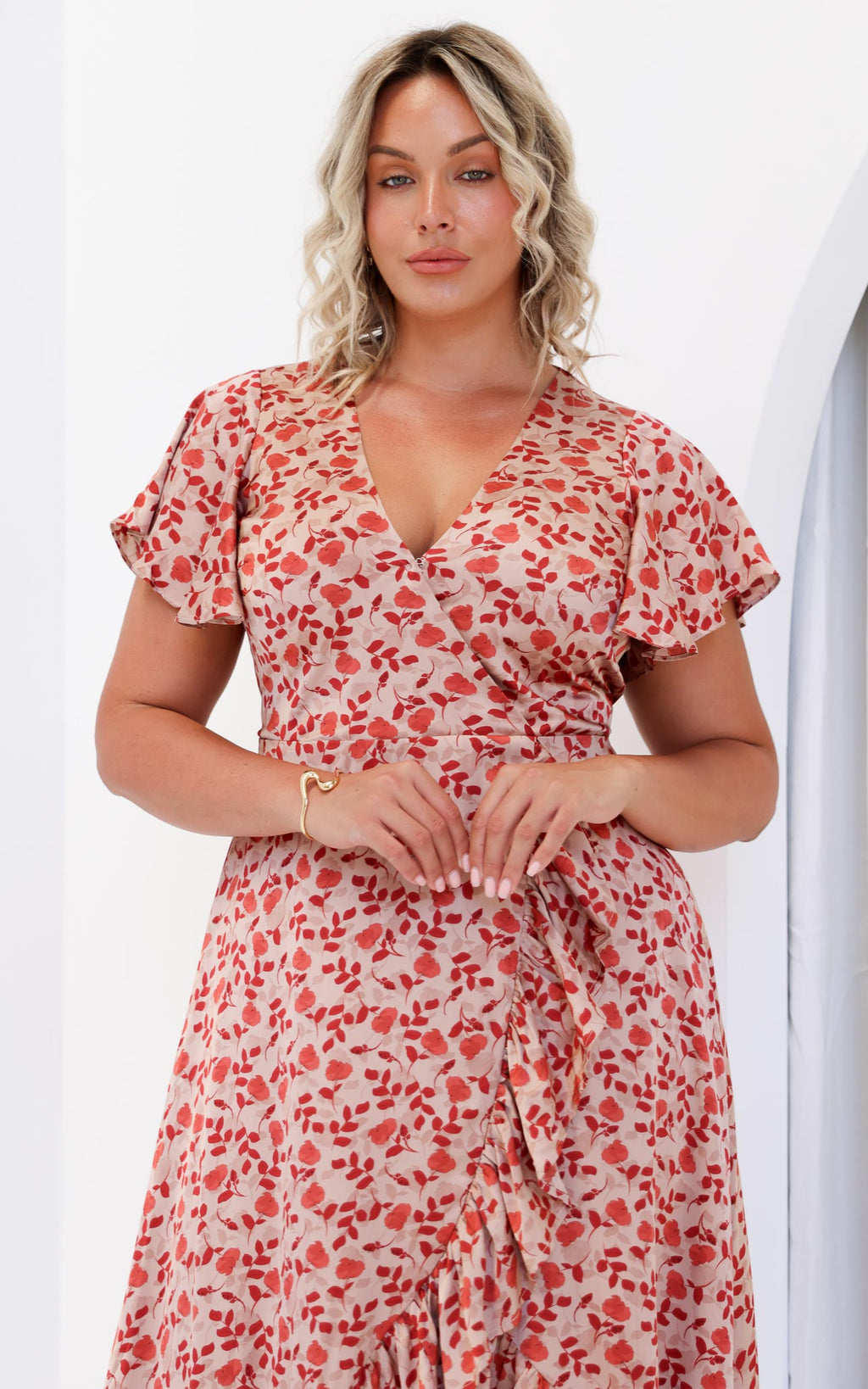 Portland Midi Dress - Nude Red Floral