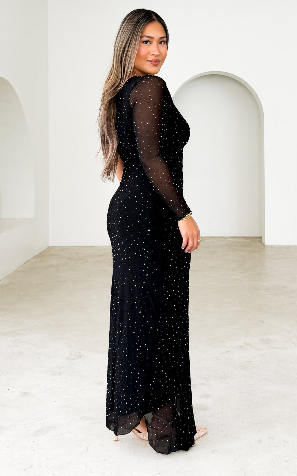 Quinto Long Sleeve Embellished Mesh Maxi Dress - Black