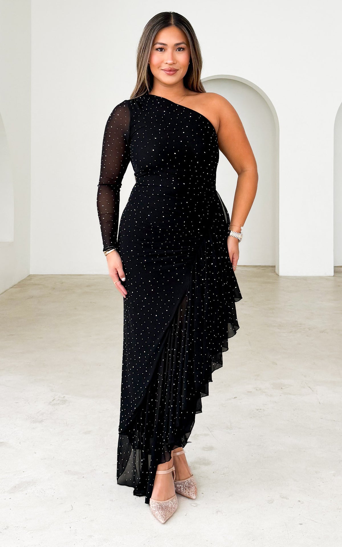 Quinto Long Sleeve Embellished Mesh Maxi Dress - Black