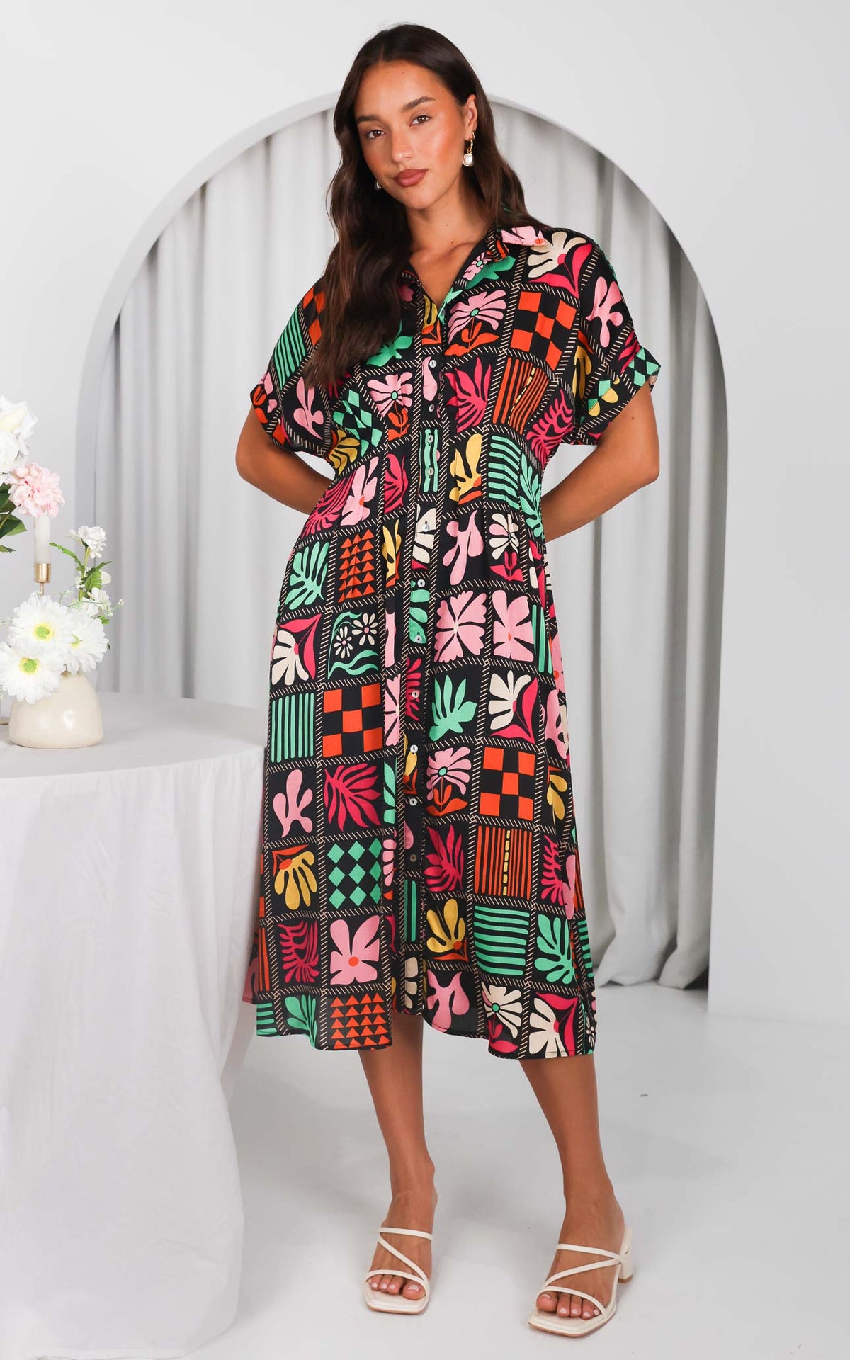 Rainier Midi Dress - Black Multi Print