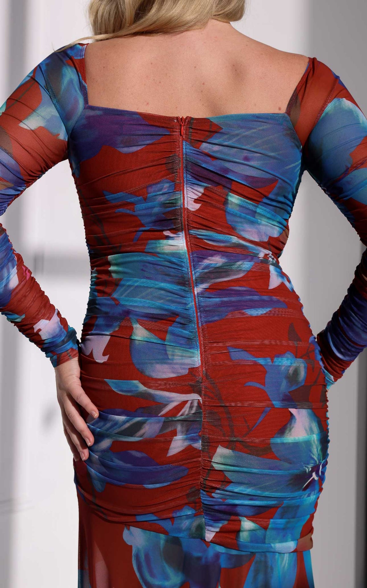 Rikki Mesh Maxi Dress - Red Blue Floral