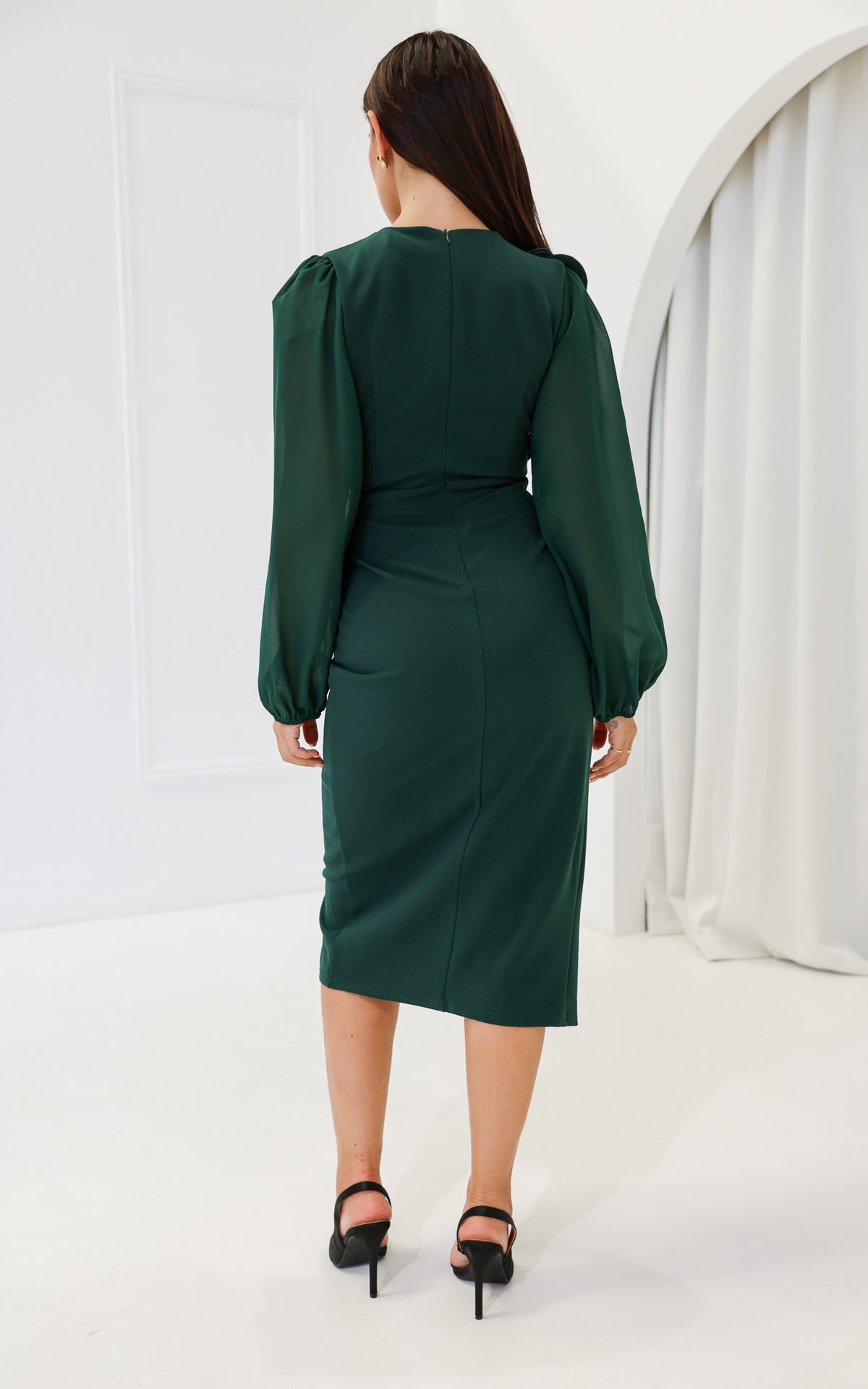 Rosaline Long Sleeve Midi Dress - Emerald Green