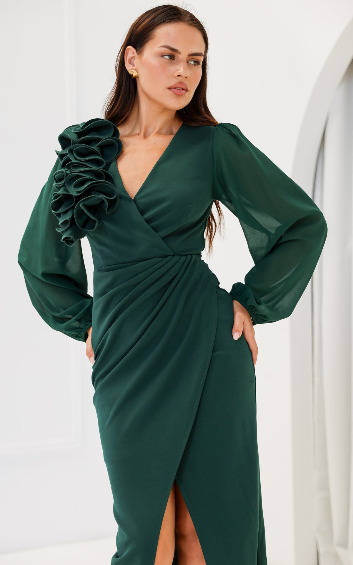 Rosaline Long Sleeve Midi Dress - Emerald Green