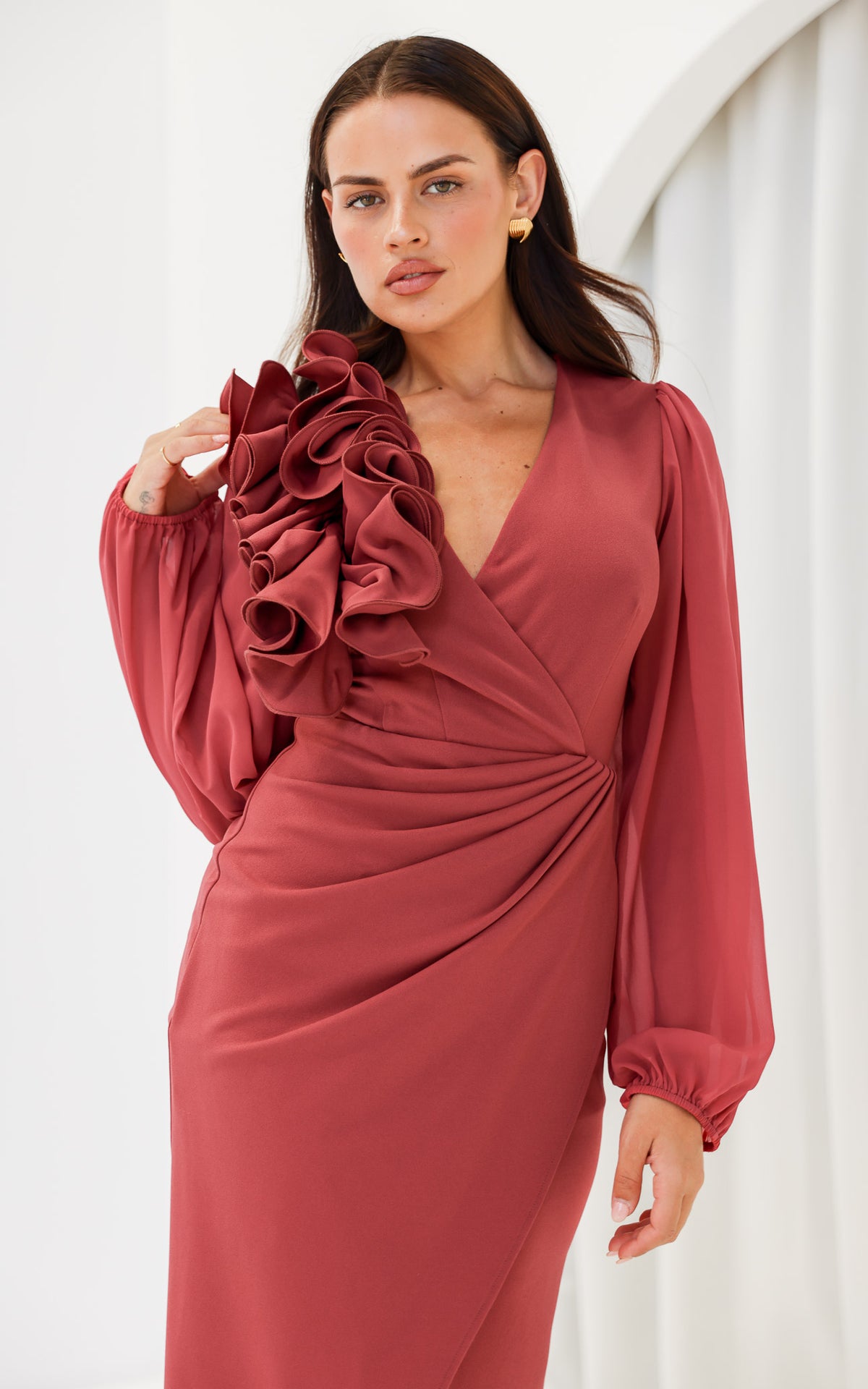 Rosaline Long Sleeve Midi Dress - Cardinal Rose