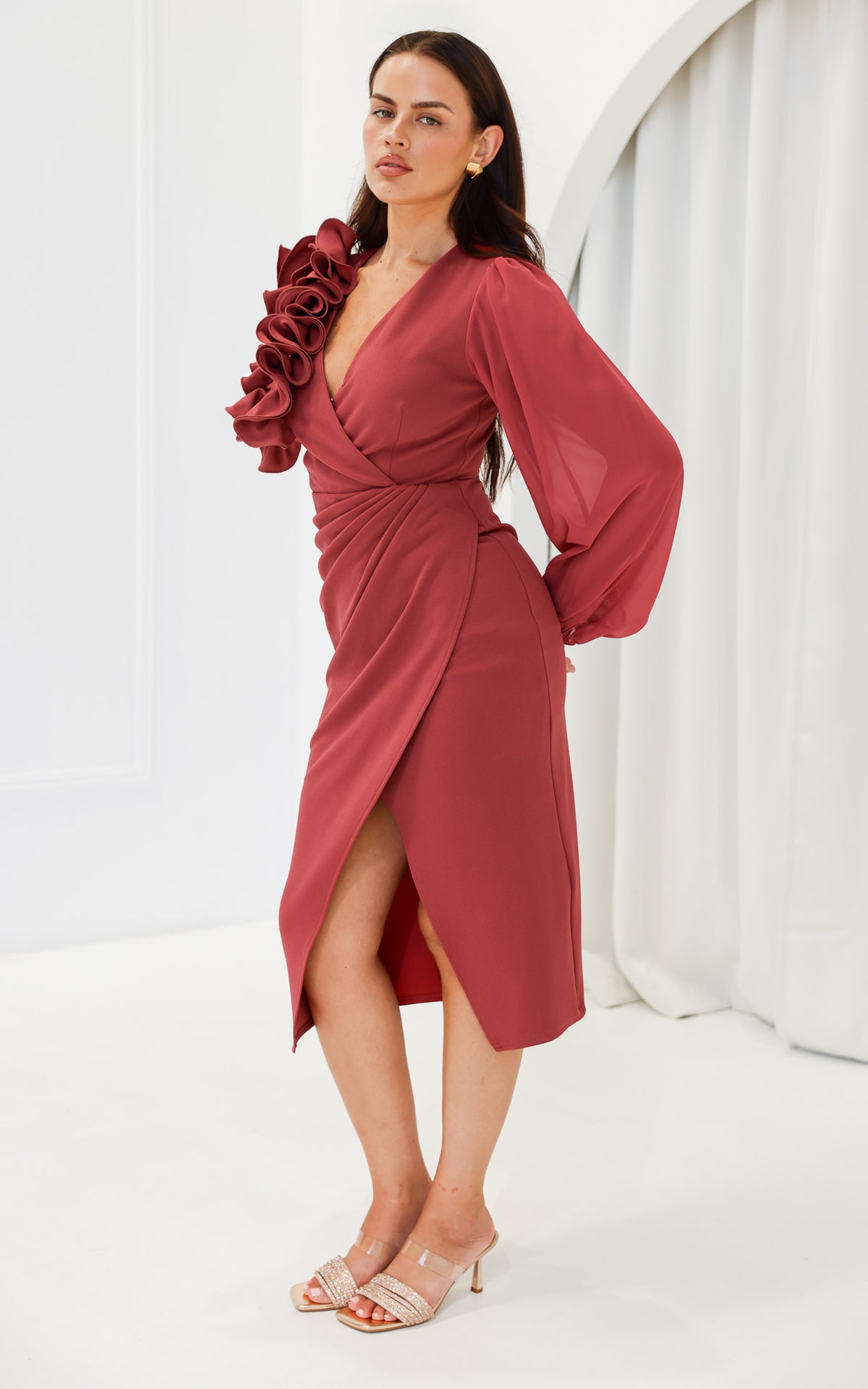 Rosaline Long Sleeve Midi Dress - Cardinal Rose