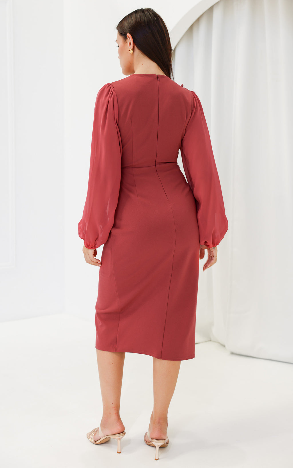 Rosaline Long Sleeve Midi Dress - Cardinal Rose