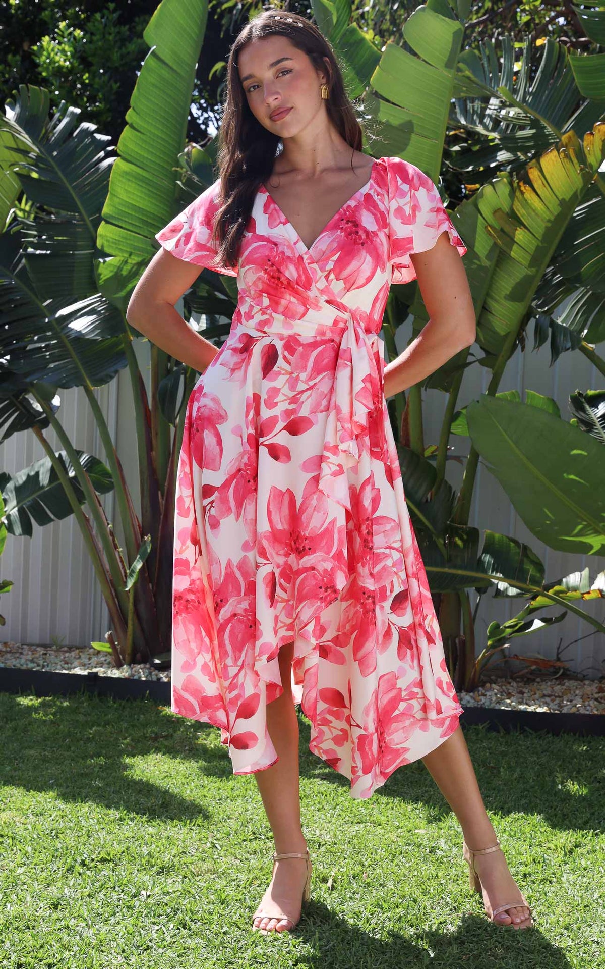 Rossetti Short Sleeve Wrap Maxi Dress - Cream Pink Floral