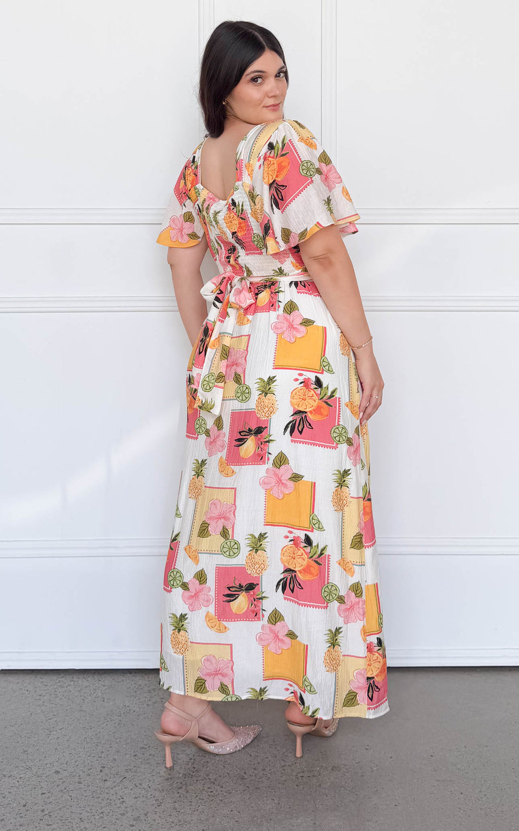 Roza Short Sleeve Maxi Dress - White Pineapple Tropical Print