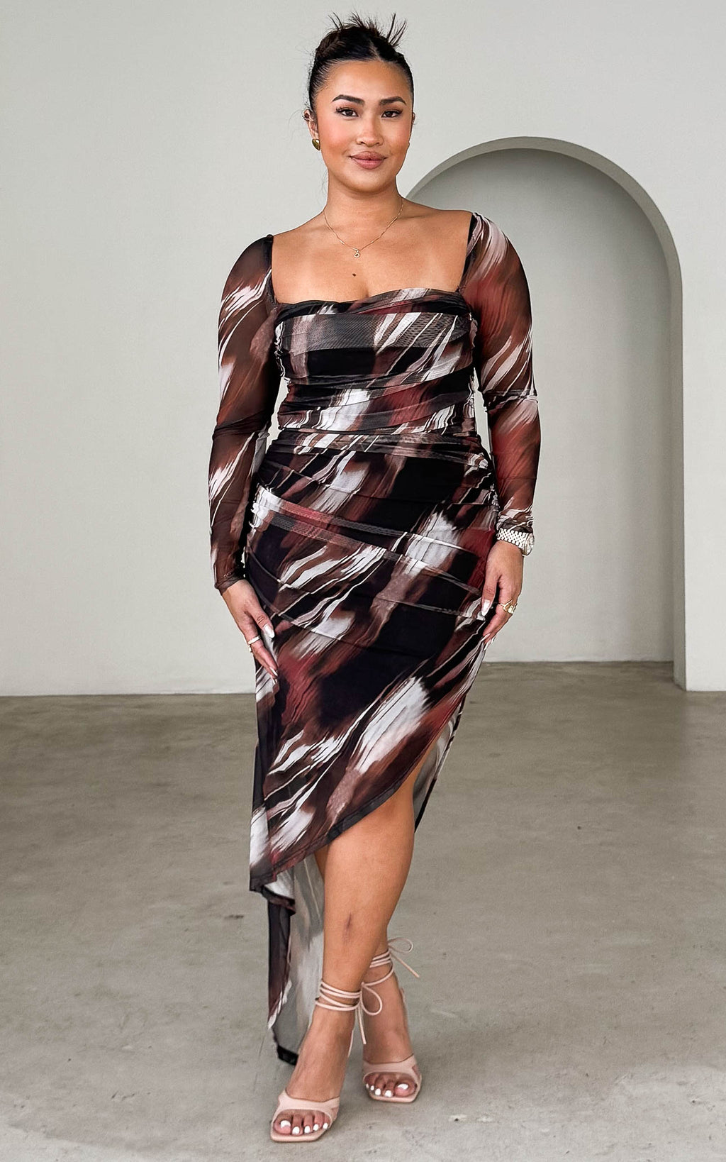 Rumi Mesh Maxi Dress - Black Brown Print