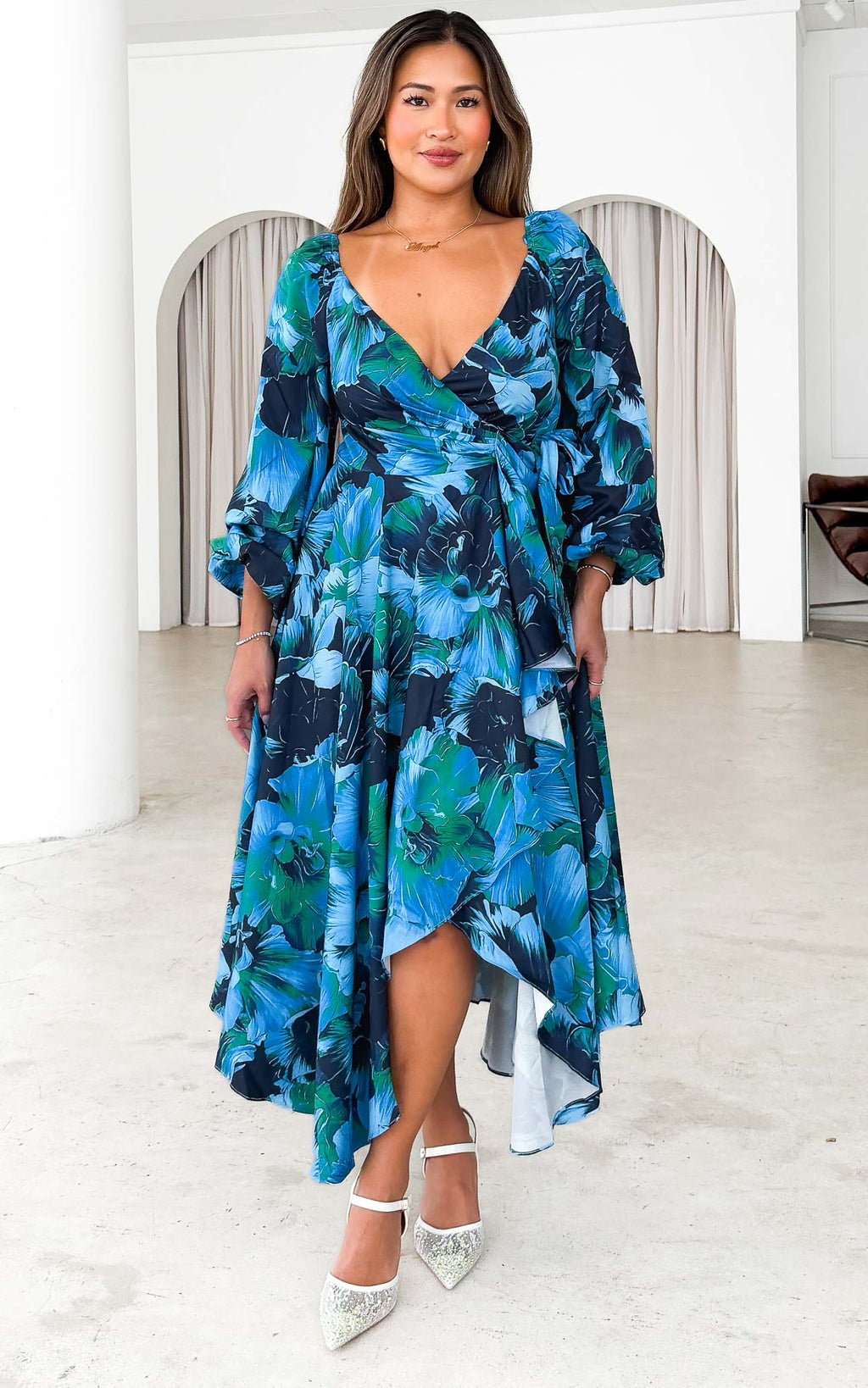 Rossetti Long Sleeve Wrap Maxi Dress - Blue Green Floral