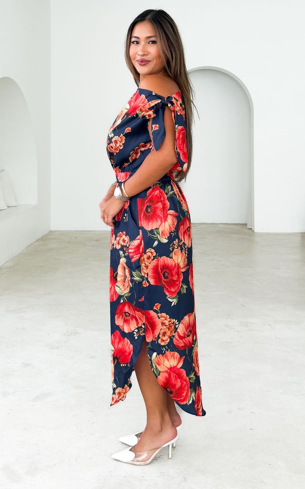 Solene Midi Dress - Navy Red Floral
