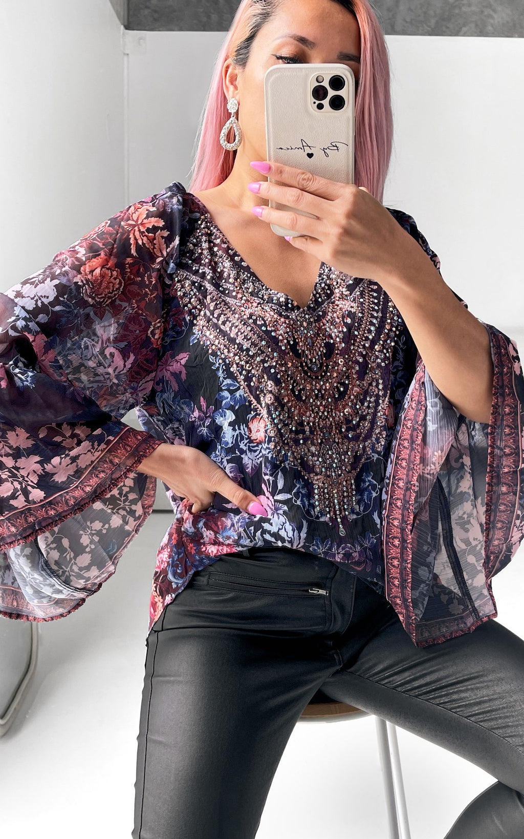 Tanika Gem Embellished Top - Black Floral