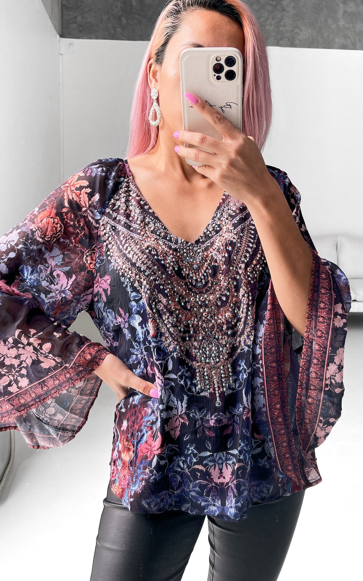 Tanika Gem Embellished Top - Black Floral
