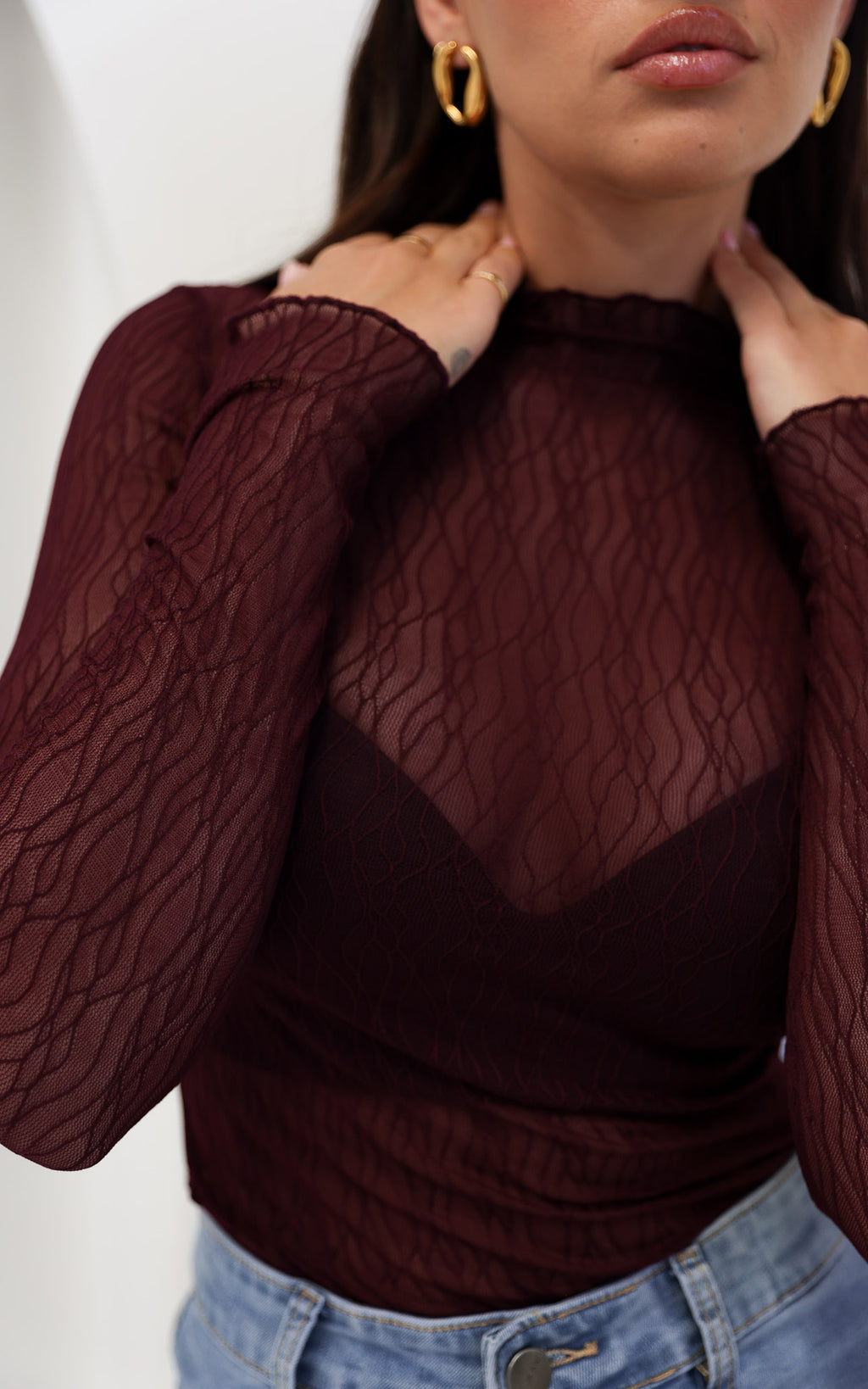 Thurman Sheer Mesh Top - Deep Wine Texture