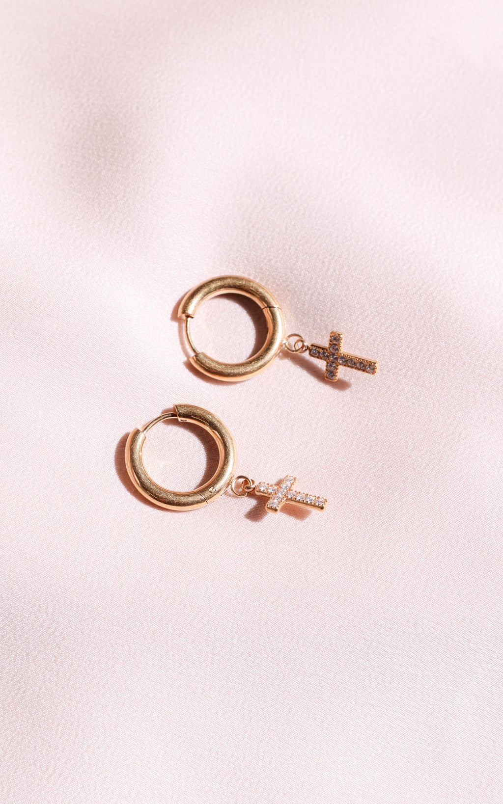 Truth Hoop Earrings - Gold Cross Diamante Charm