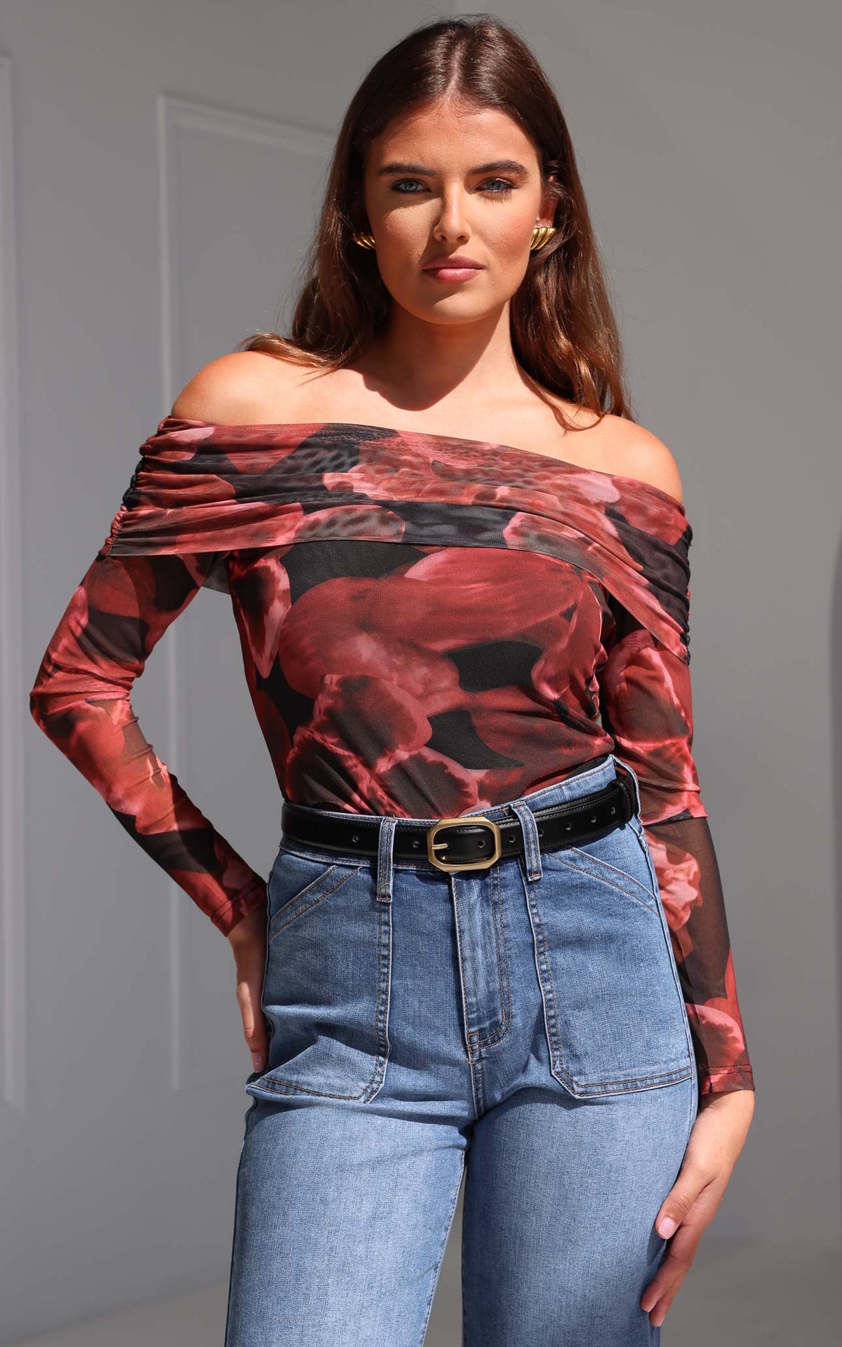 Ulla Mesh Top - Black Red Floral