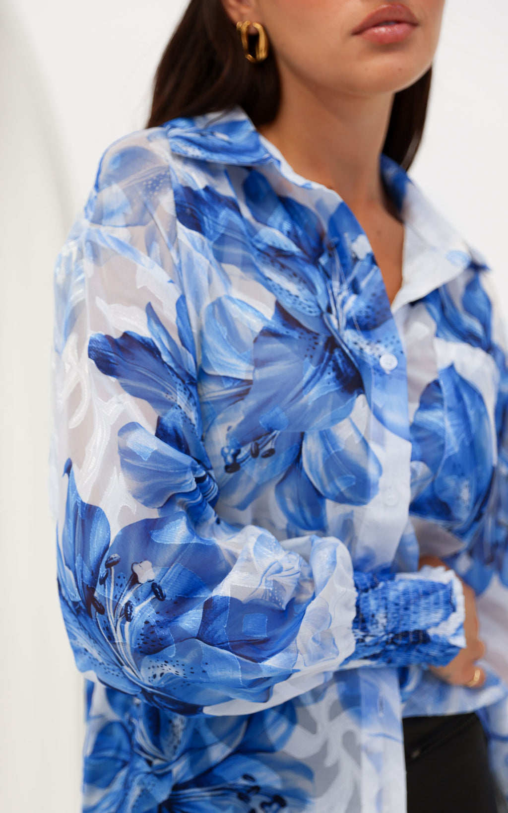 Veronica Shirt Blouse - White Blue Floral Texture