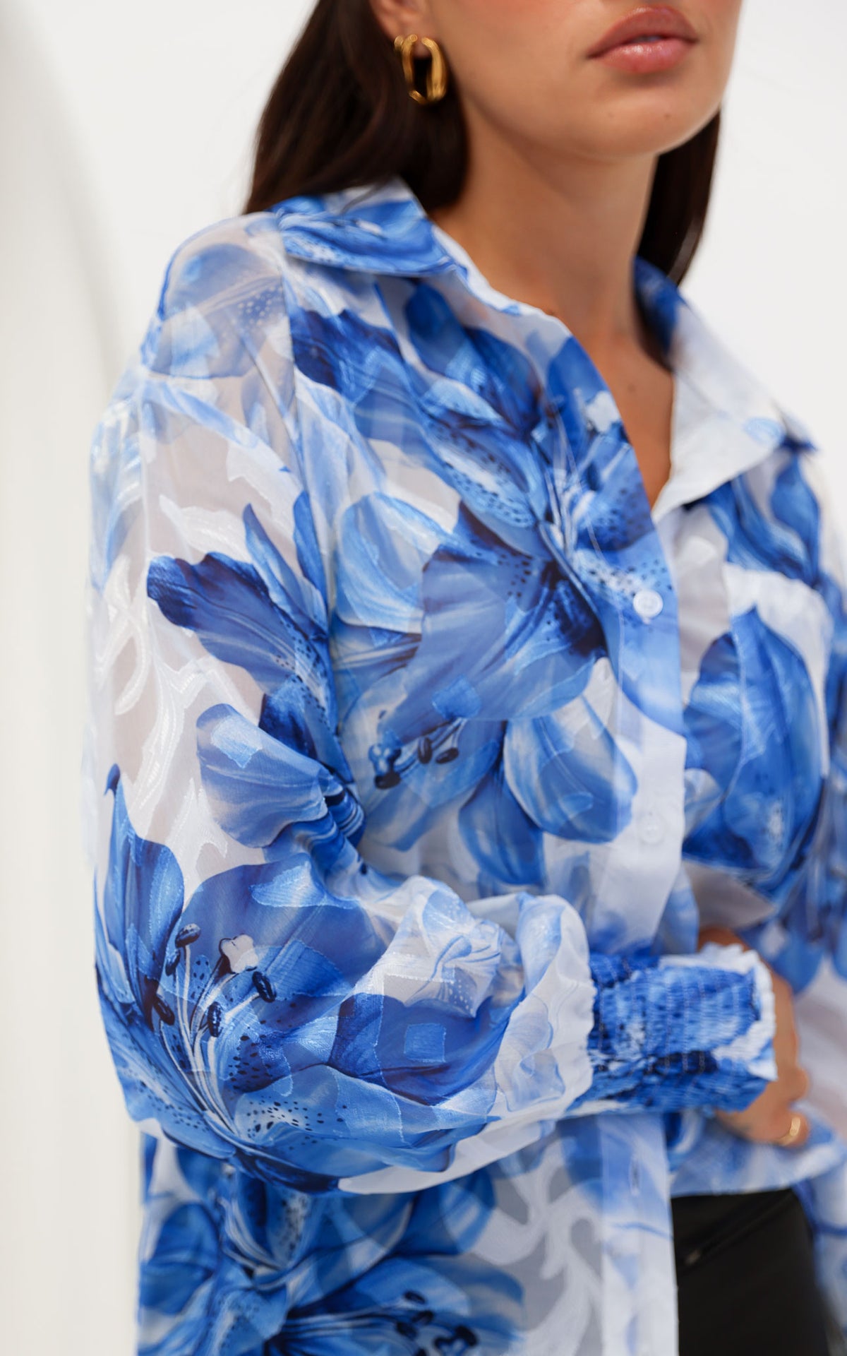 Veronica Shirt Blouse - White Blue Floral Texture