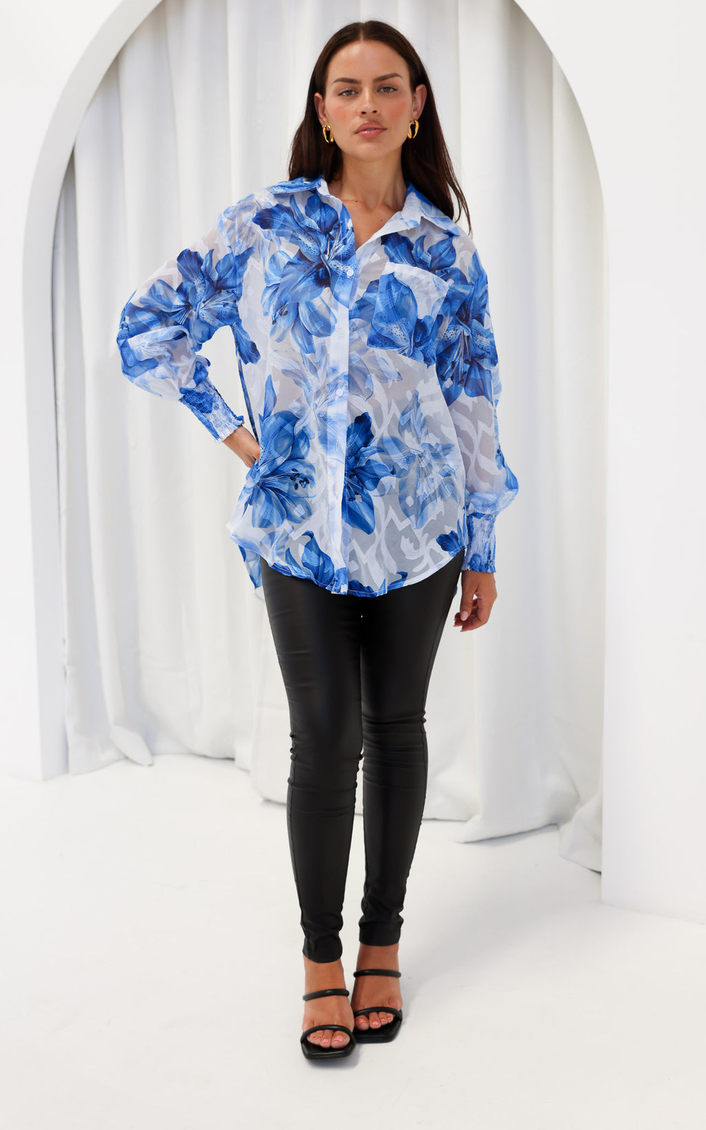 Veronica Shirt Blouse - White Blue Floral Texture