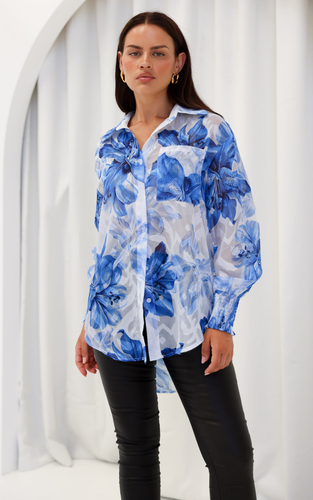 Veronica Shirt Blouse - White Blue Floral Texture