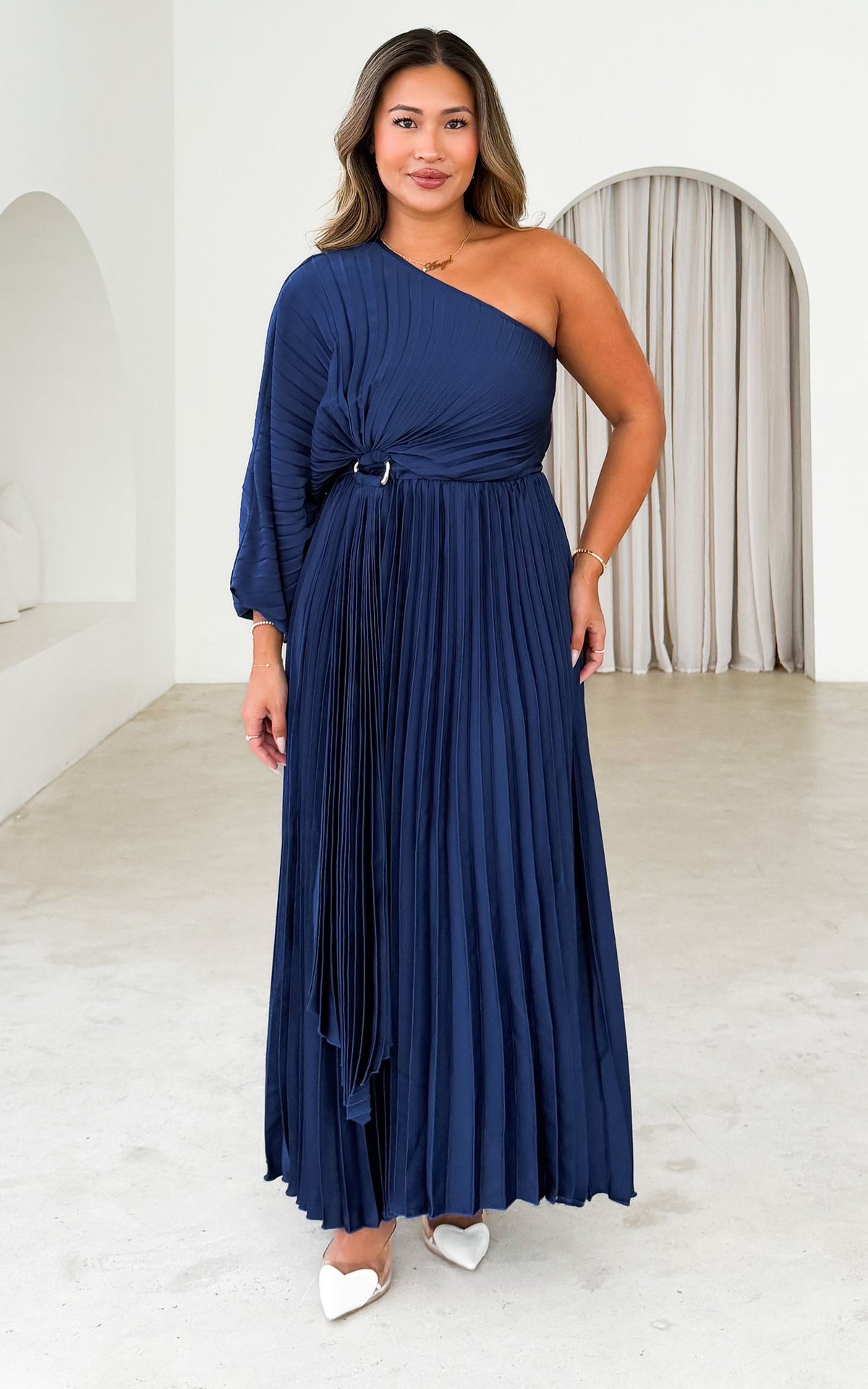 Xanbi One Shoulder Pleated Maxi Dress - Navy
