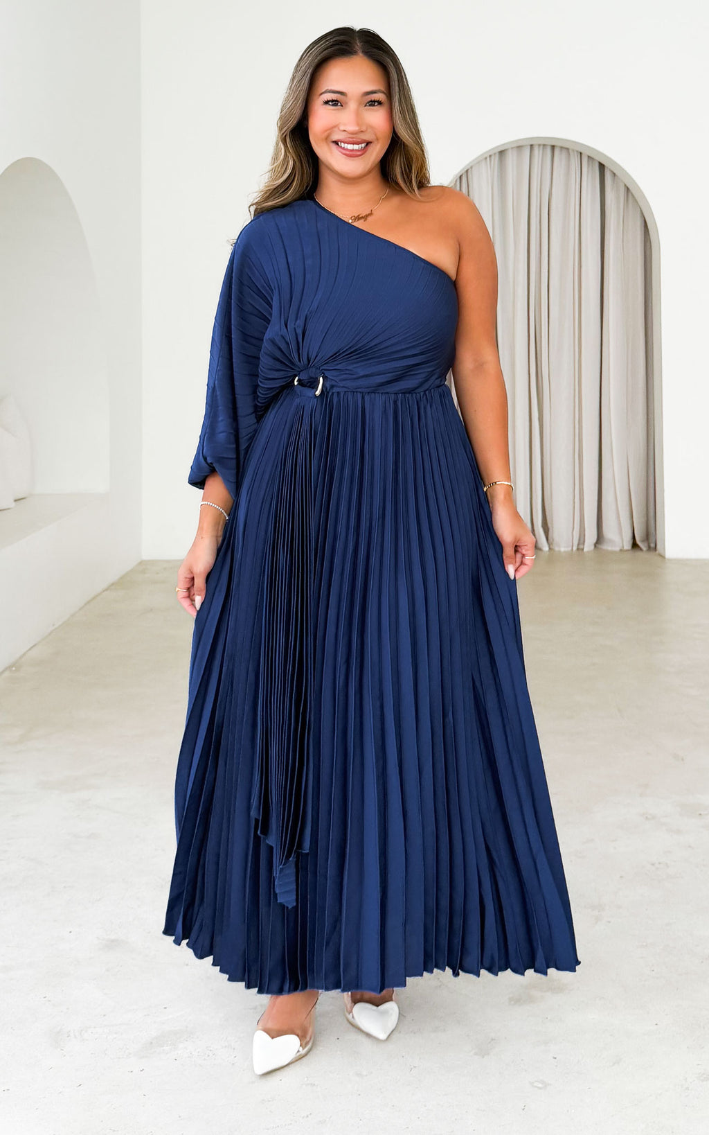 Xanbi One Shoulder Pleated Maxi Dress - Navy