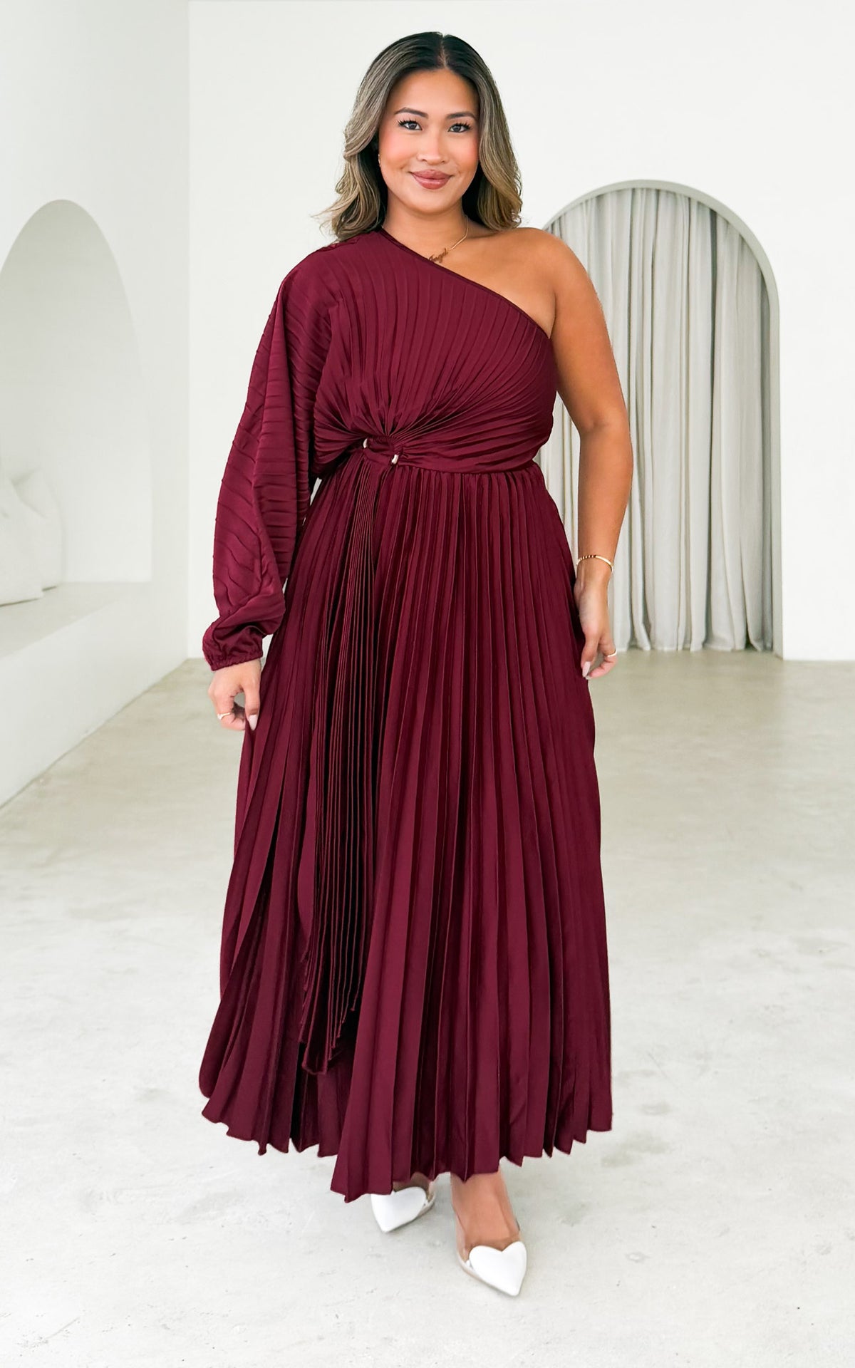 Xanbi One Shoulder Pleated Maxi Dress - Wine