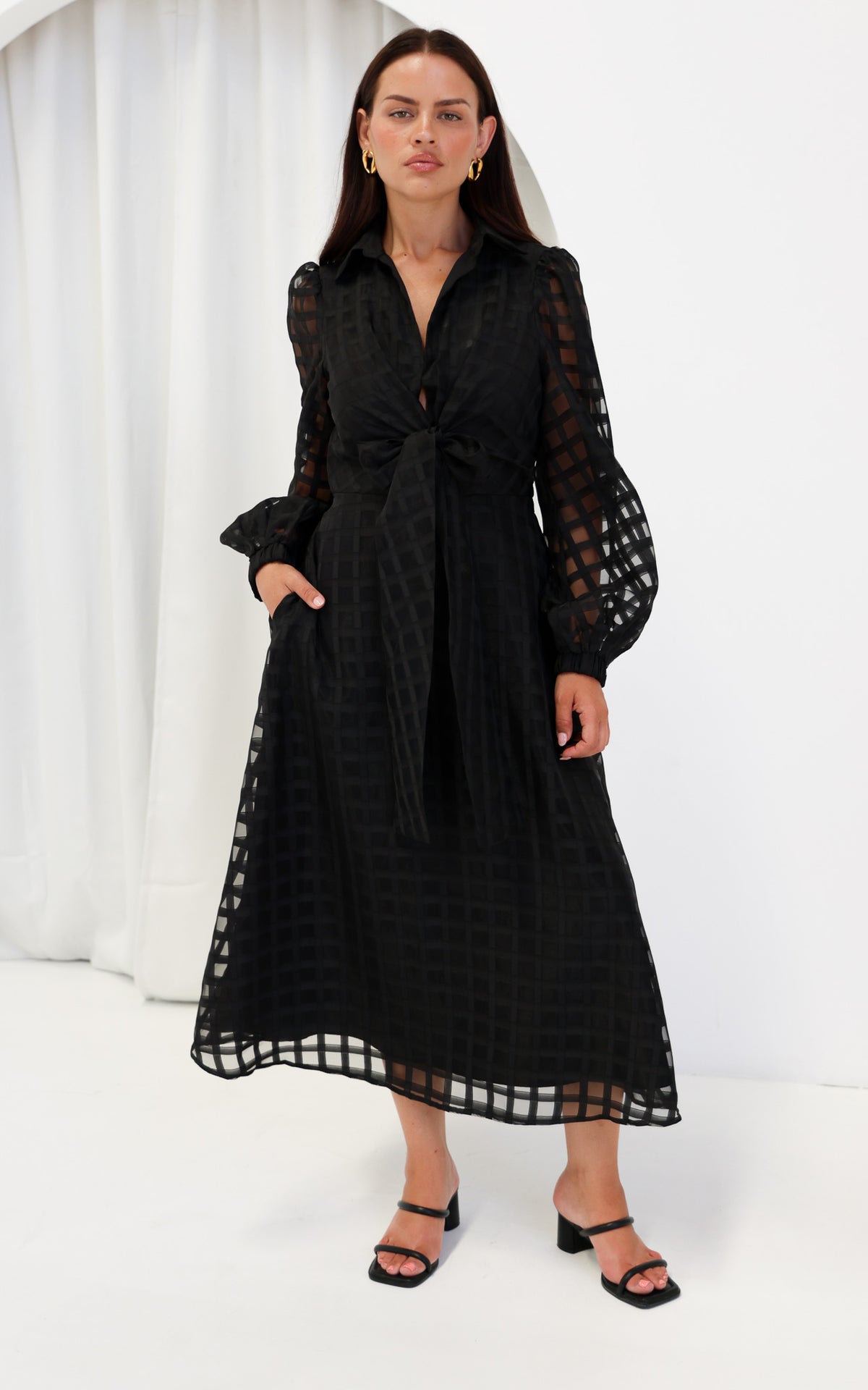 Zoeva Long Sleeve Maxi Dress - Black Check Organza