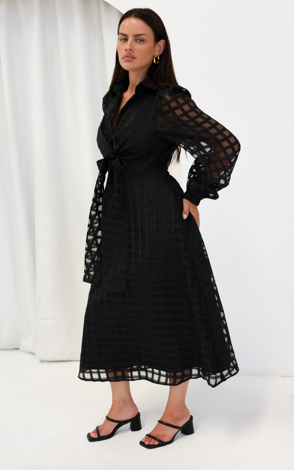 Zoeva Long Sleeve Maxi Dress - Black Check Organza