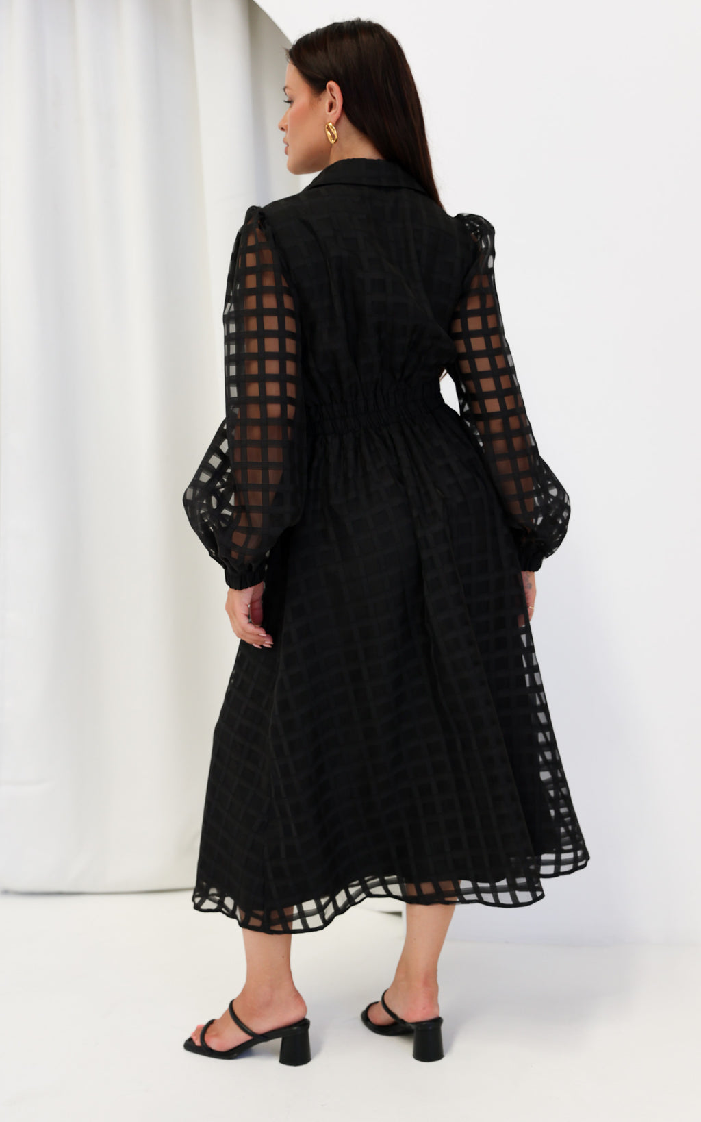 Zoeva Long Sleeve Maxi Dress - Black Check Organza