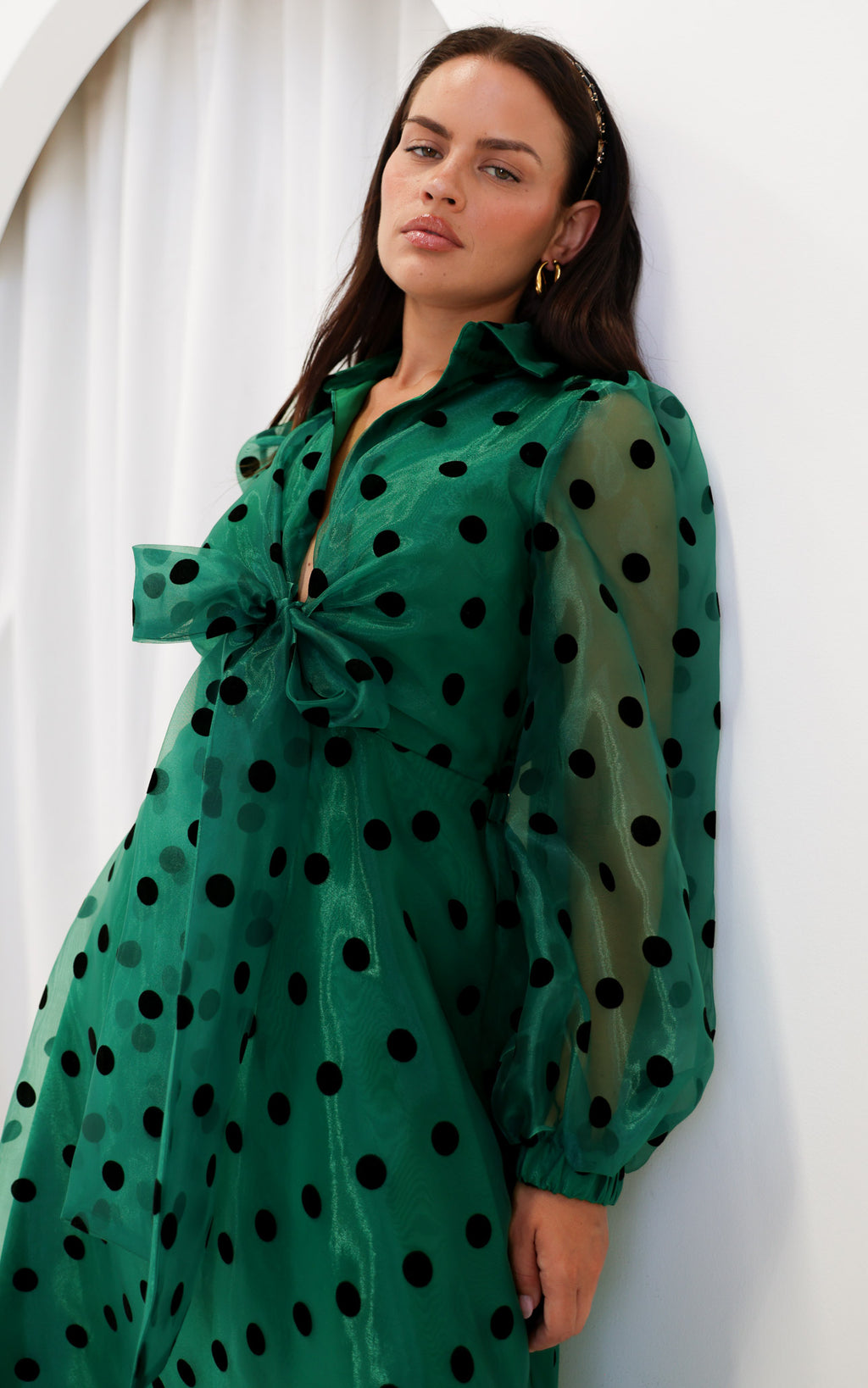 Zoeva Long Sleeve Maxi Dress - Emerald Green Polka Dot