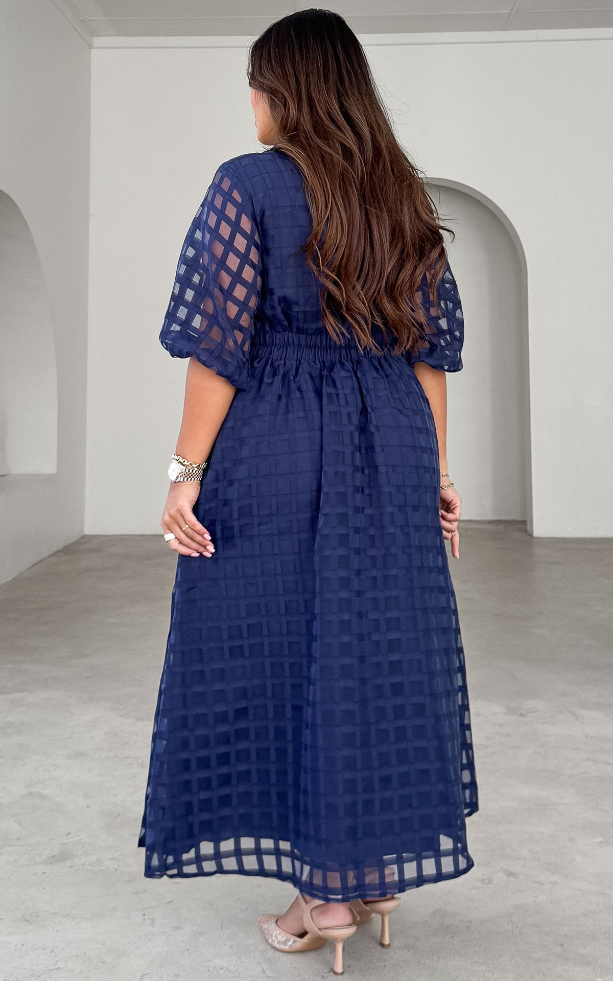 Zoeva Maxi Dress - Navy Check Organza