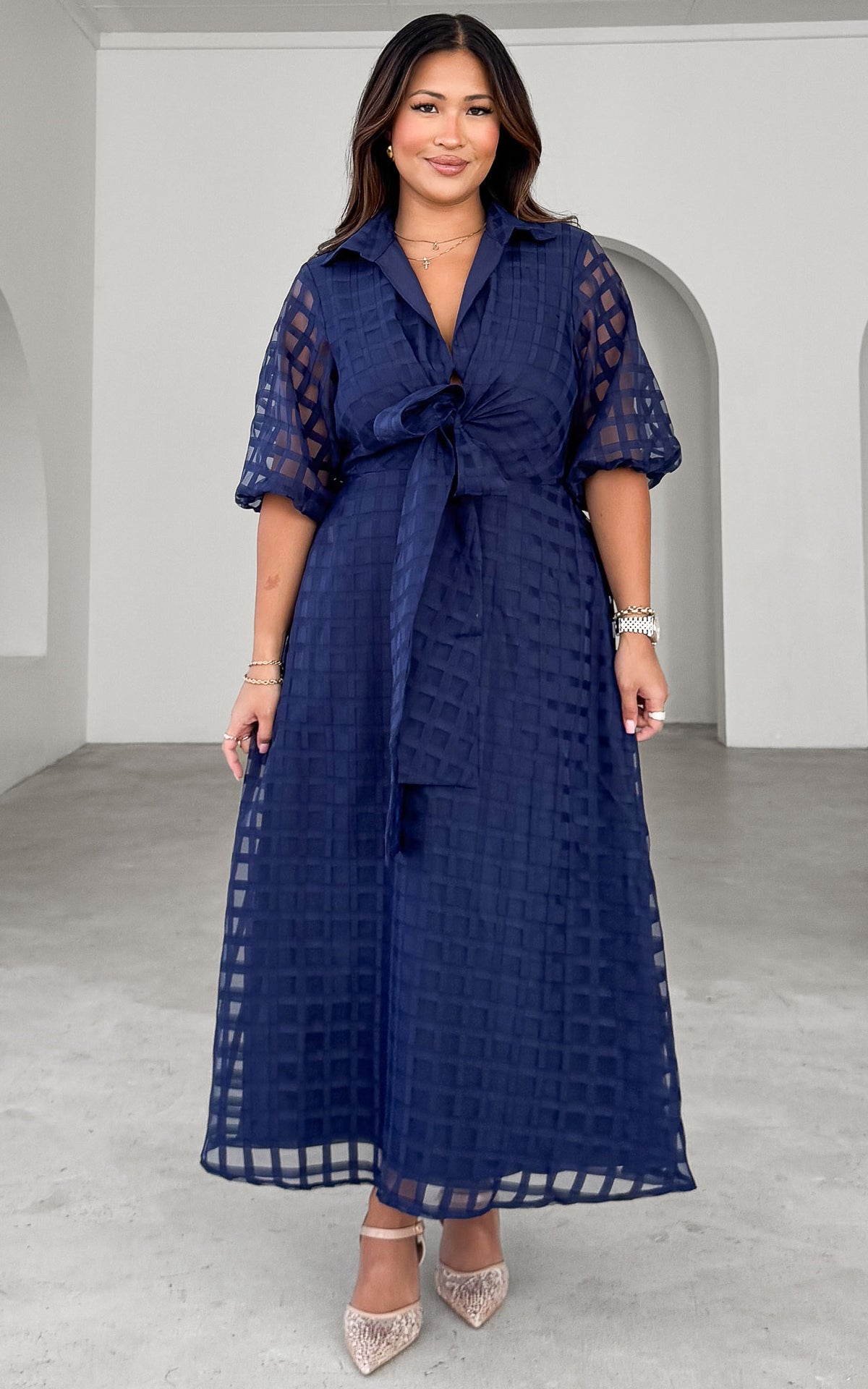 Zoeva Maxi Dress - Navy Check Organza