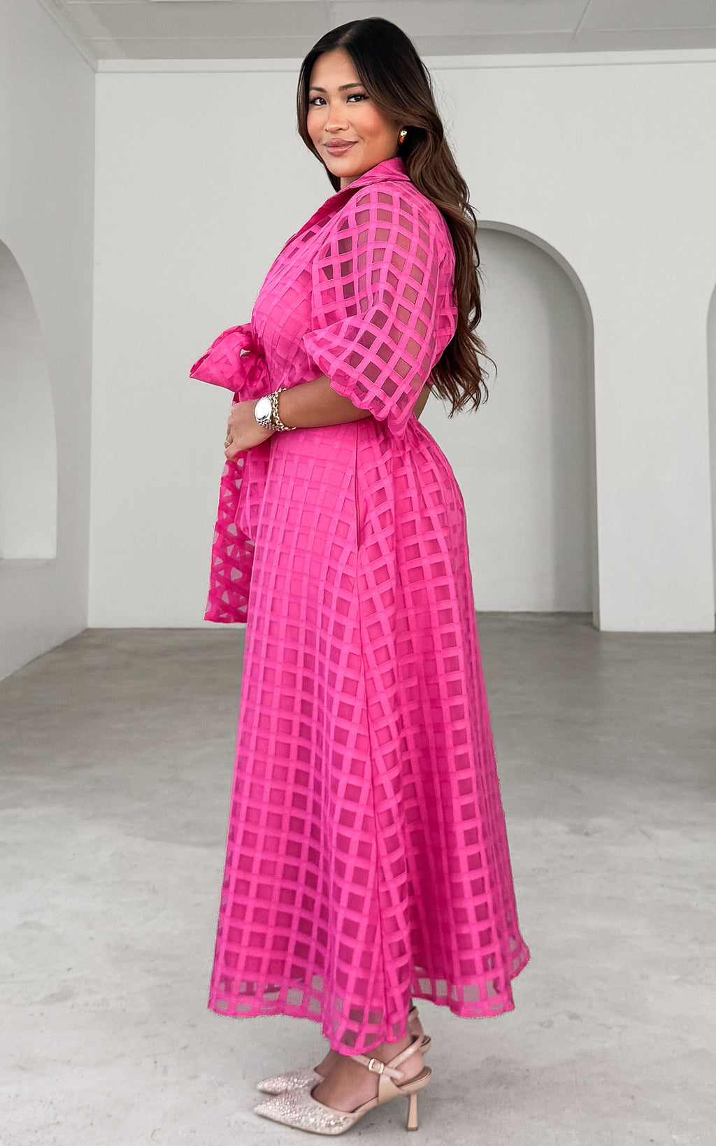 Zoeva Maxi Dress - Hot Pink Check Organza