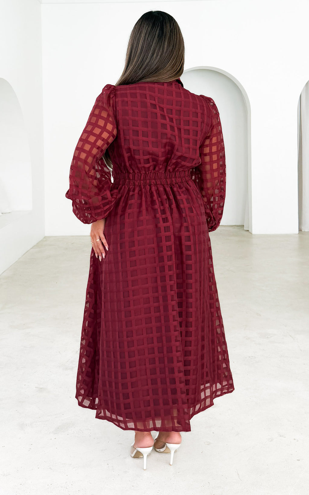 Zoeva Long Sleeve Maxi Dress - Wine Check Organza