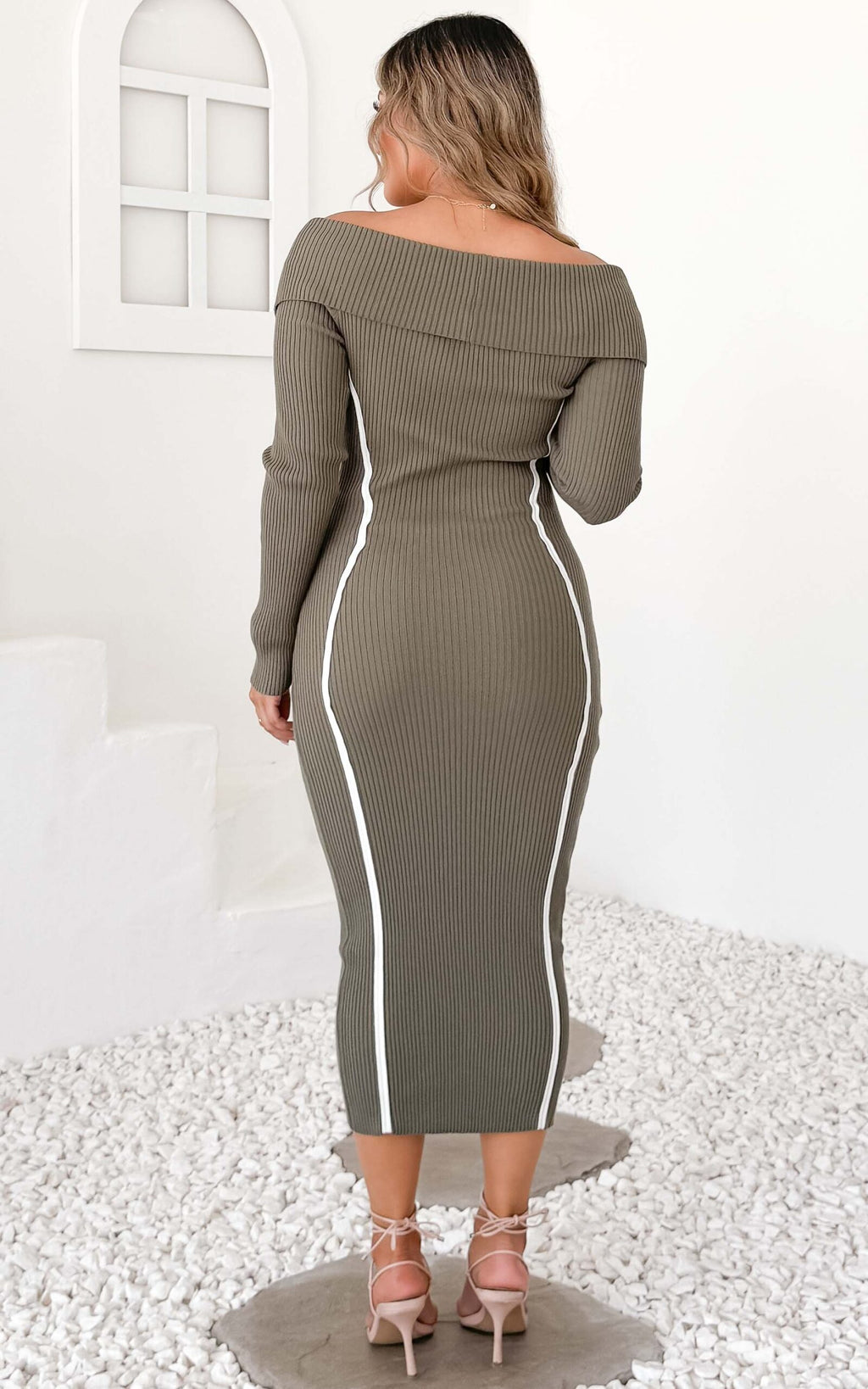 Alaska Knit Midi Dress - Khaki White Trim