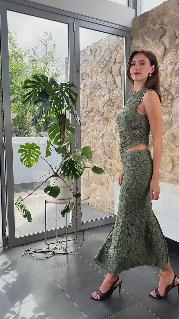 Caspian Mesh Maxi Skirt - Olive Green Texture