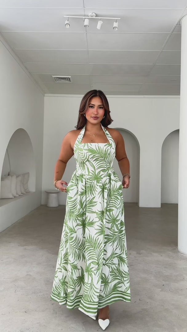 Lyra Maxi Dress - Green Leaf Print