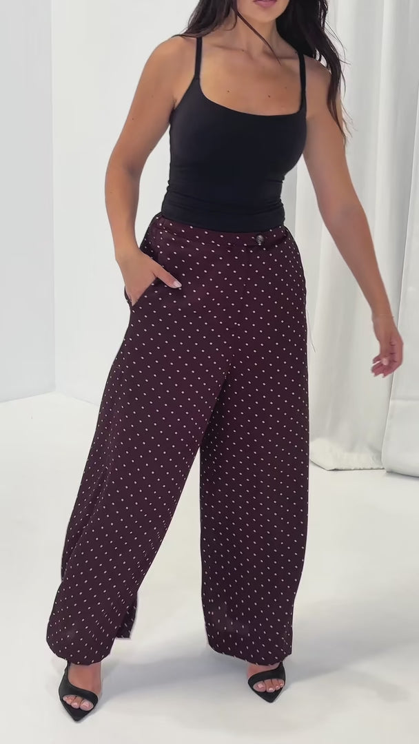 Saffron Wide Leg Pants - Wine Mahogany Spots