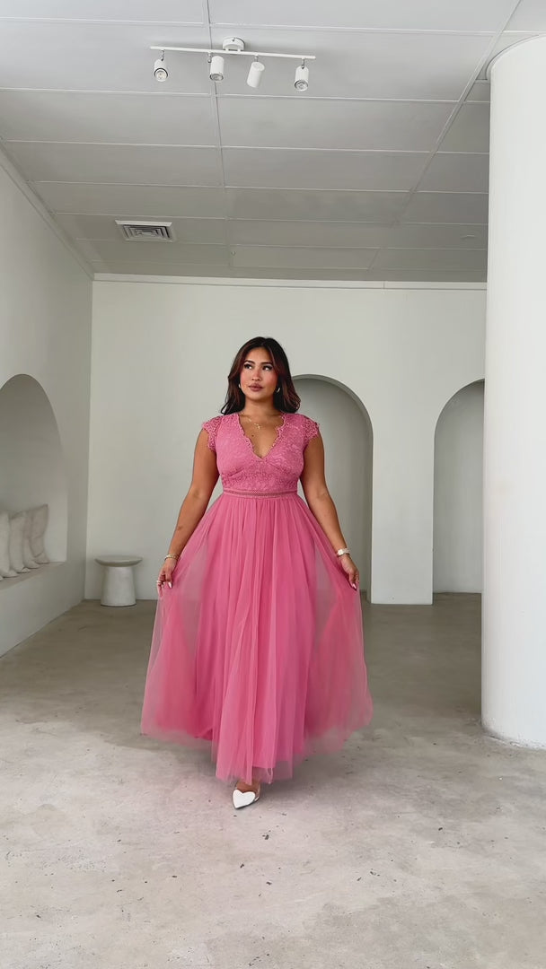 Caleigh Lace Tulle Maxi Dress - Rose