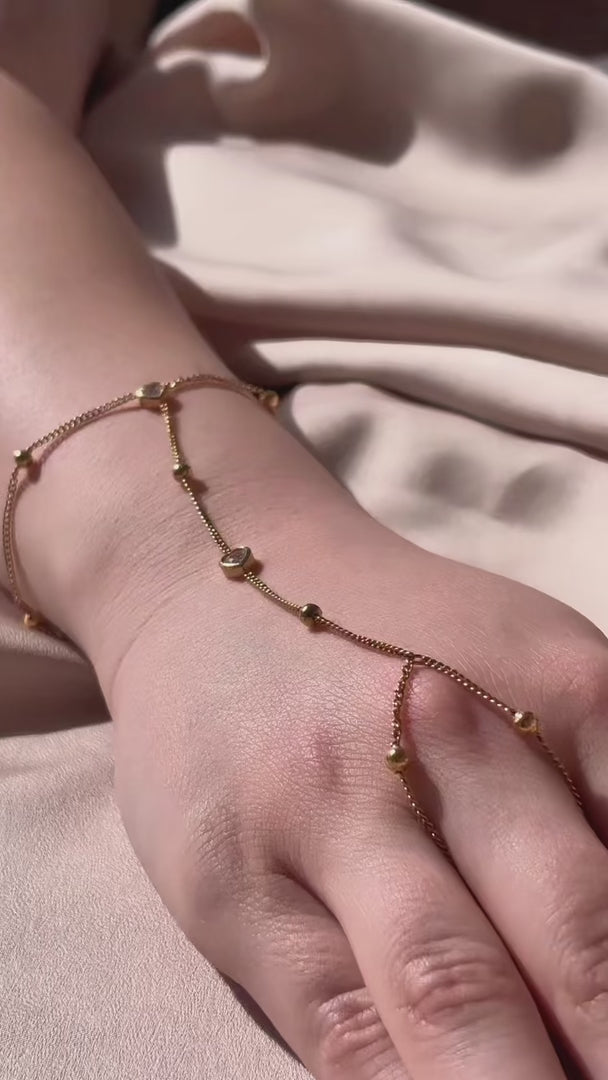 Chichi Hand Chain - Gold Bead Heart Diamante