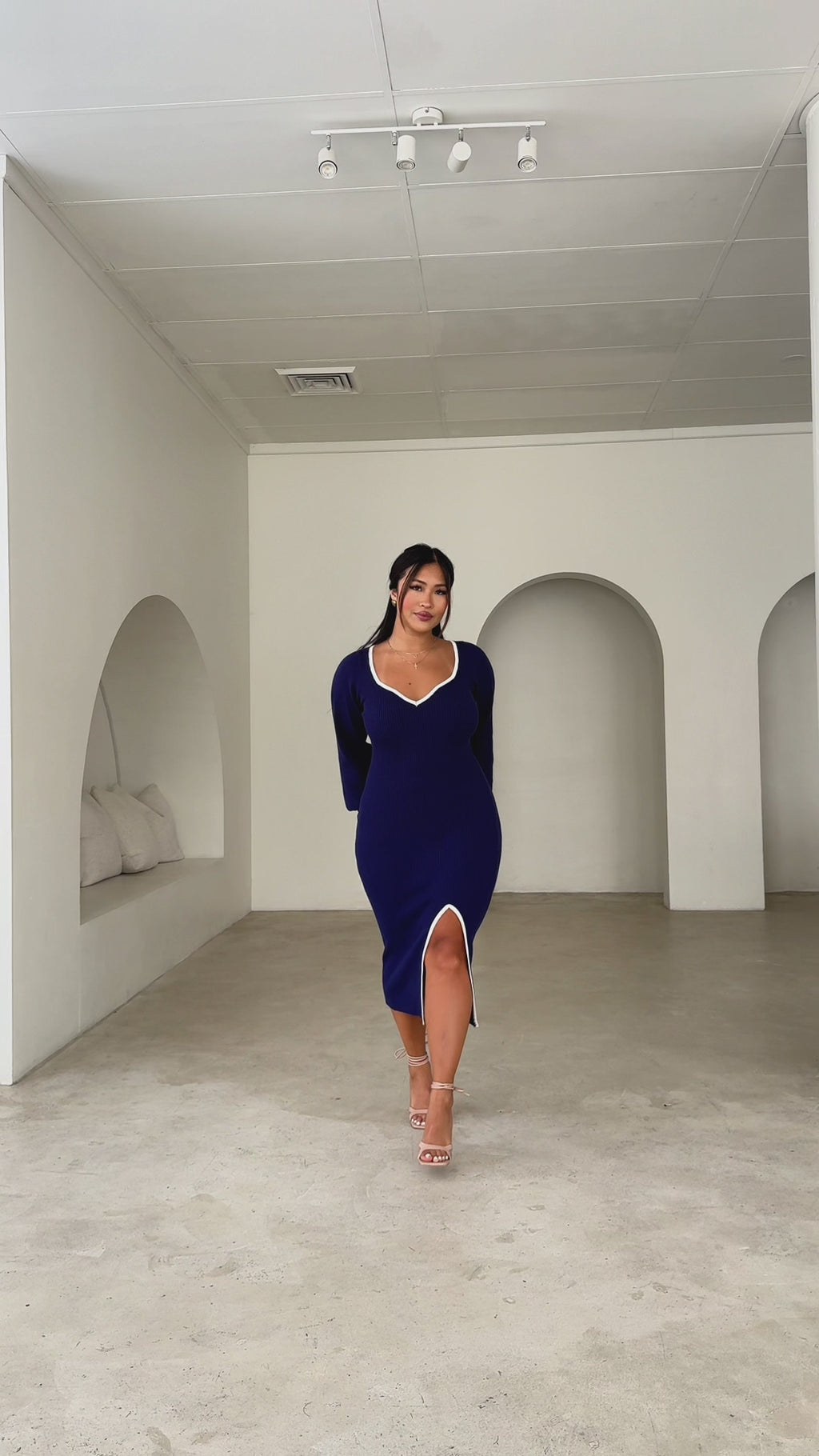 Piazza Knit Midi Dress - Navy Blue White