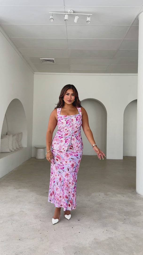 Inez Maxi Skirt - Pink Blue Floral
